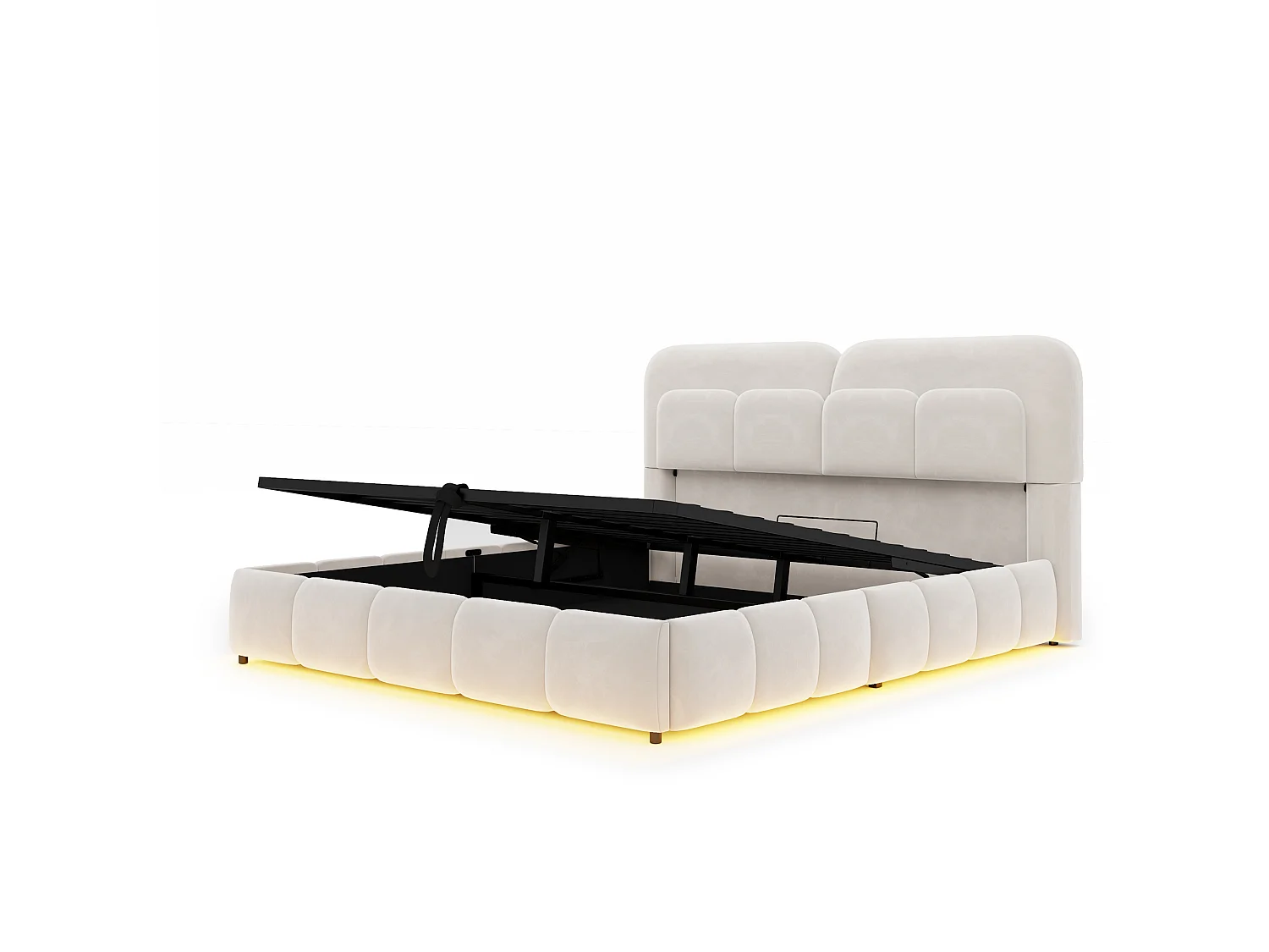 Lit coffre capitonné 140 x 200 cm - avec éclairage LED - Tissu velours - Beige (Matelas non inclus)