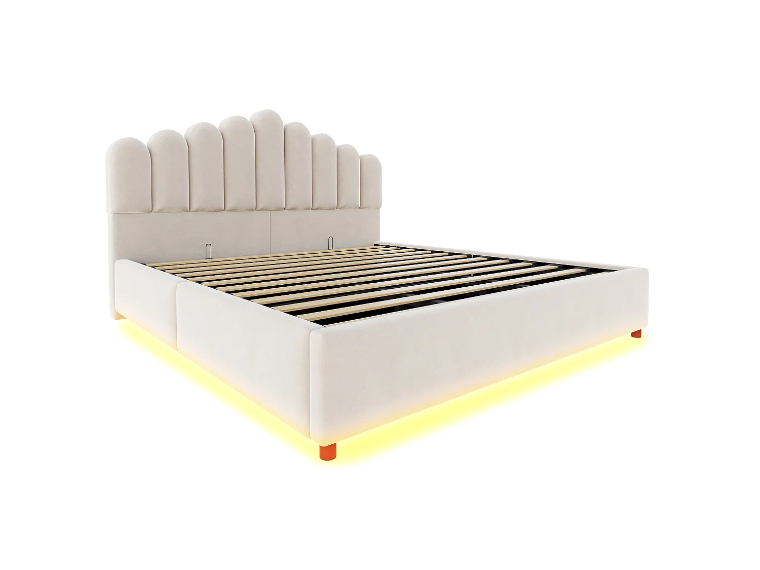 Łóżko skrzyniowe tapicerowane 180 × 200 cm - z oświetleniem LED - stelażem listwowym - tkaniną welurową - beż (materac nie wliczony)