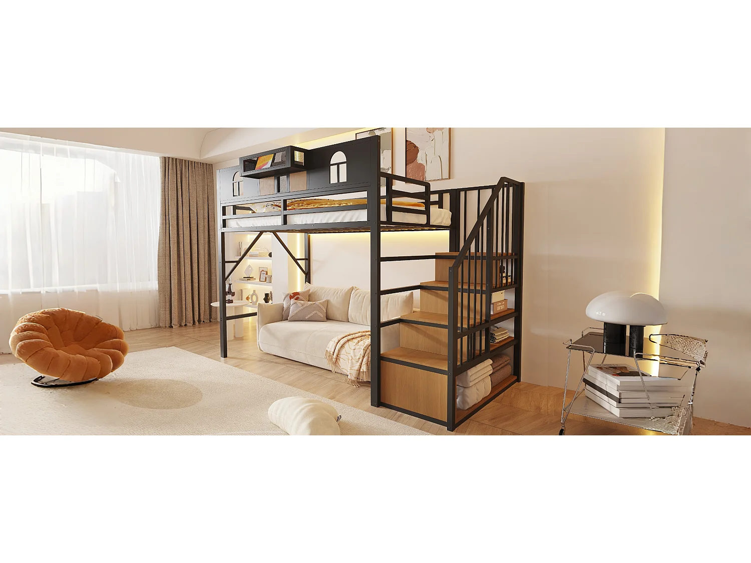 Lit mezzanine en métal 90 x 200 cm - avec échelle de rangement - avec éclairage LED - avec barrière de sécurité - noir (matelas non inclus)