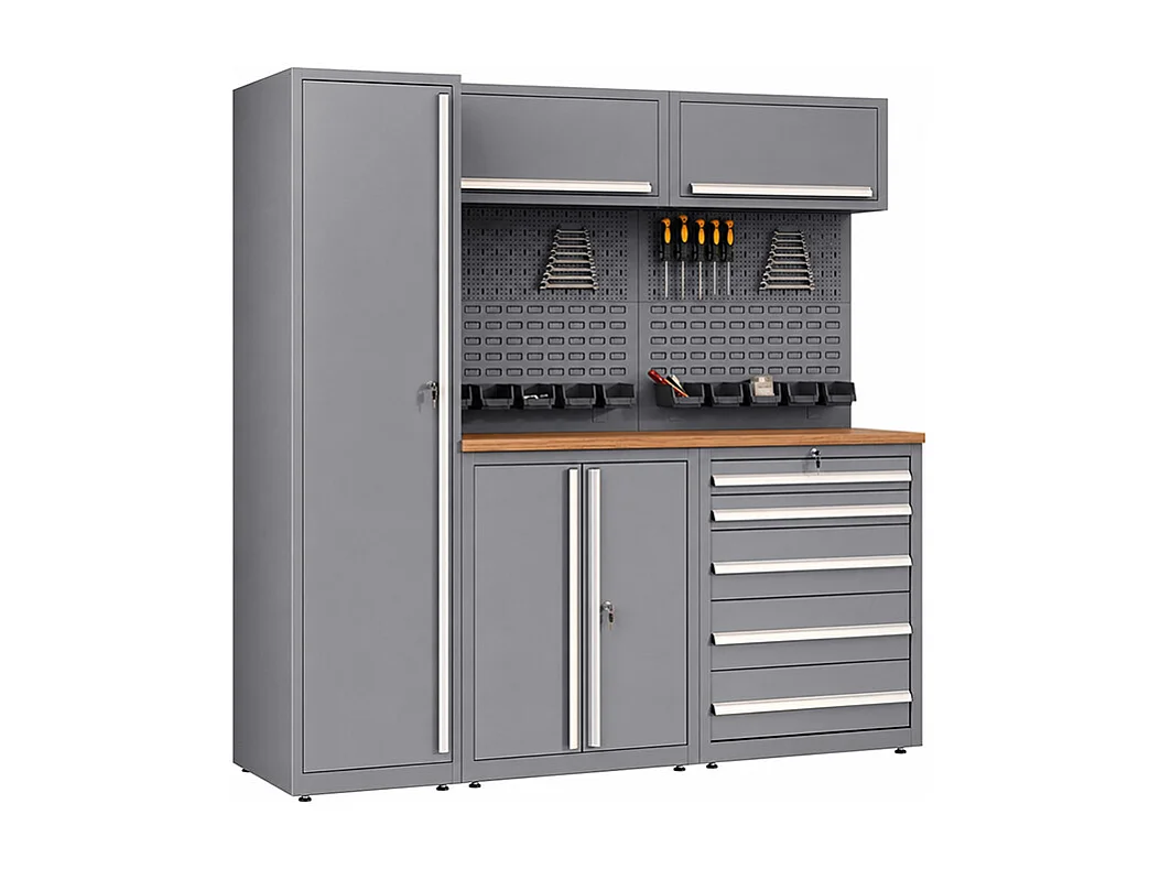 Établi en bois et acier avec colonne simple - L200 x P57 x H202 cm - Gris anthracite - ATELIOR