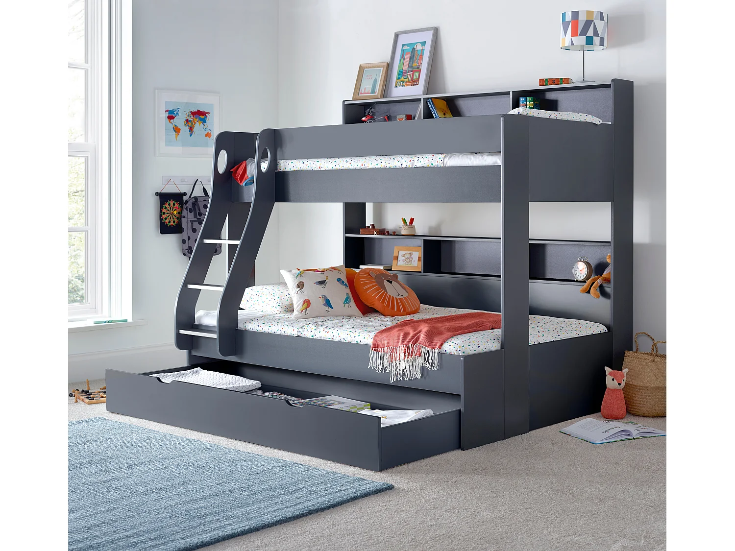 Oliver Onyx Grey Triple Sleeper Storage Bunk Bed With Drawer