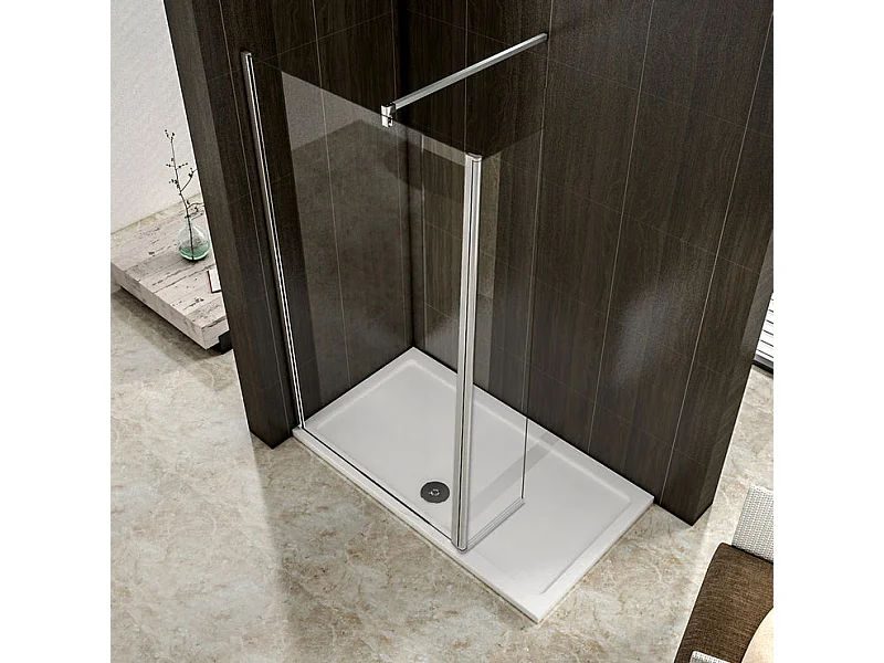 Paroi de douche à l'italienne 110+30x200cm avec retour pivotant - Verre 8mm trempé - Avec barre de fixation 140cm en carré
