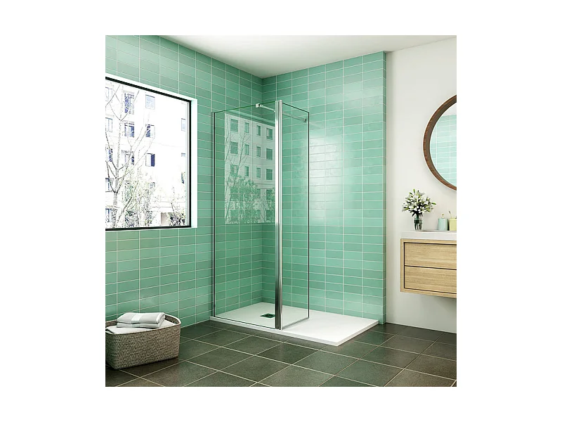 Paroi de douche à l'italienne 80x200cm avec retour pivotant 50x200cm - Verre securit - Avec barre de fixation 73-120cm en carré