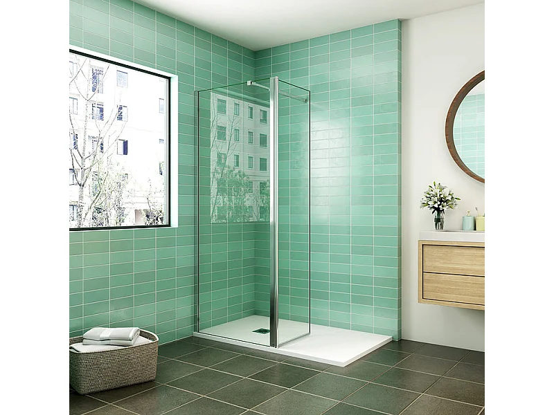 Paroi de douche à l'italienne 90x200cm avec retour pivotant 50x200cm - Verre securit - Avec barre de fixation 73-120cm en carré