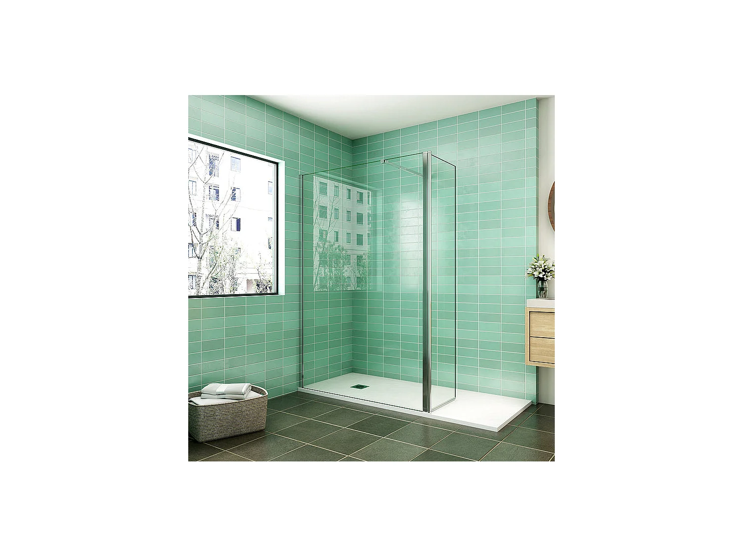 Paroi de douche à l'italienne 110x200cm avec retour pivotant 50x200cm - Verre securit - Avec barre de fixation 73-120cm en carré