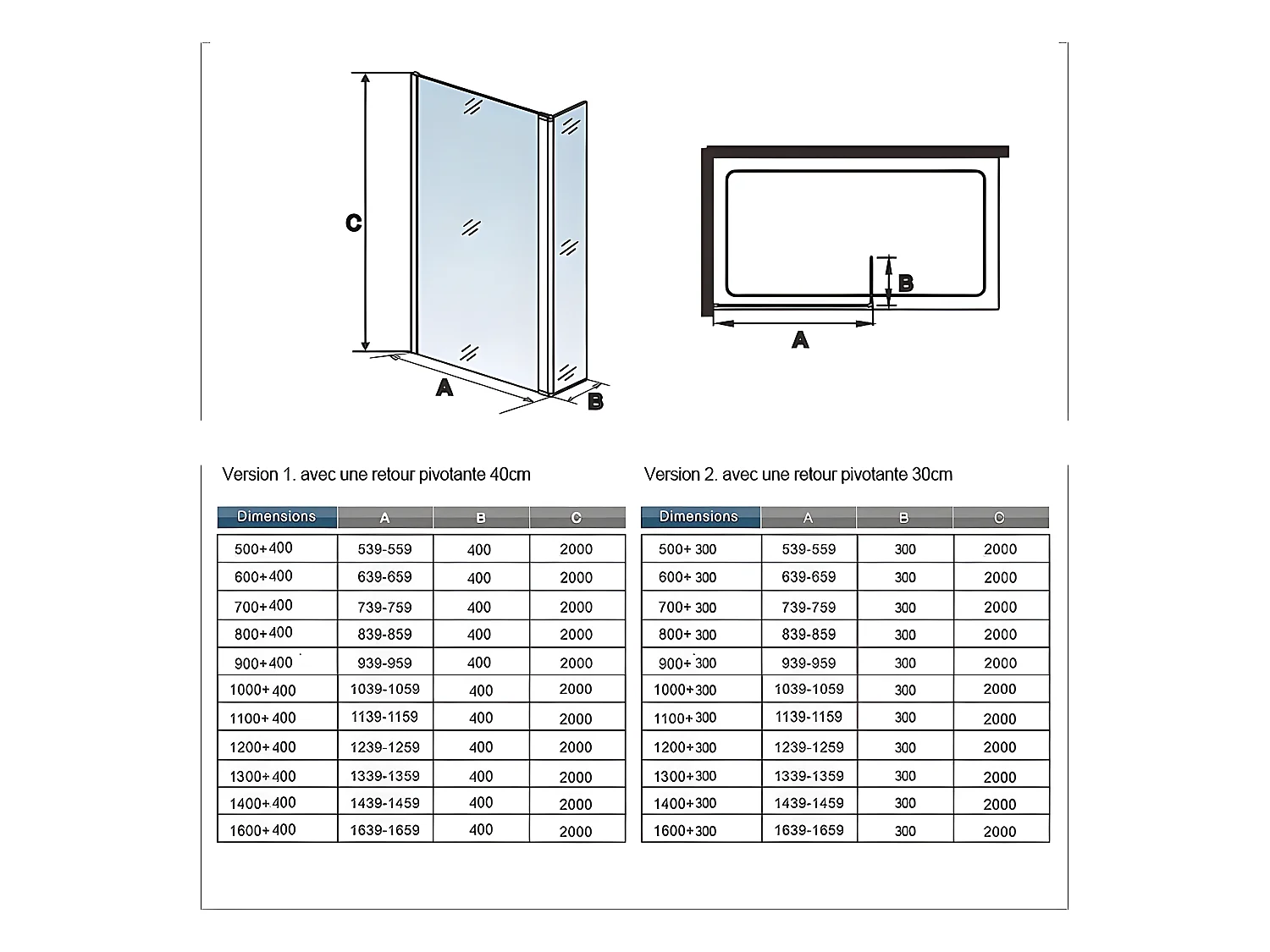 Paroi de douche à l'italienne 80+30x200cm avec retour pivotant - Verre 8mm trempé - Avec barre de fixation d'angle 45cm
