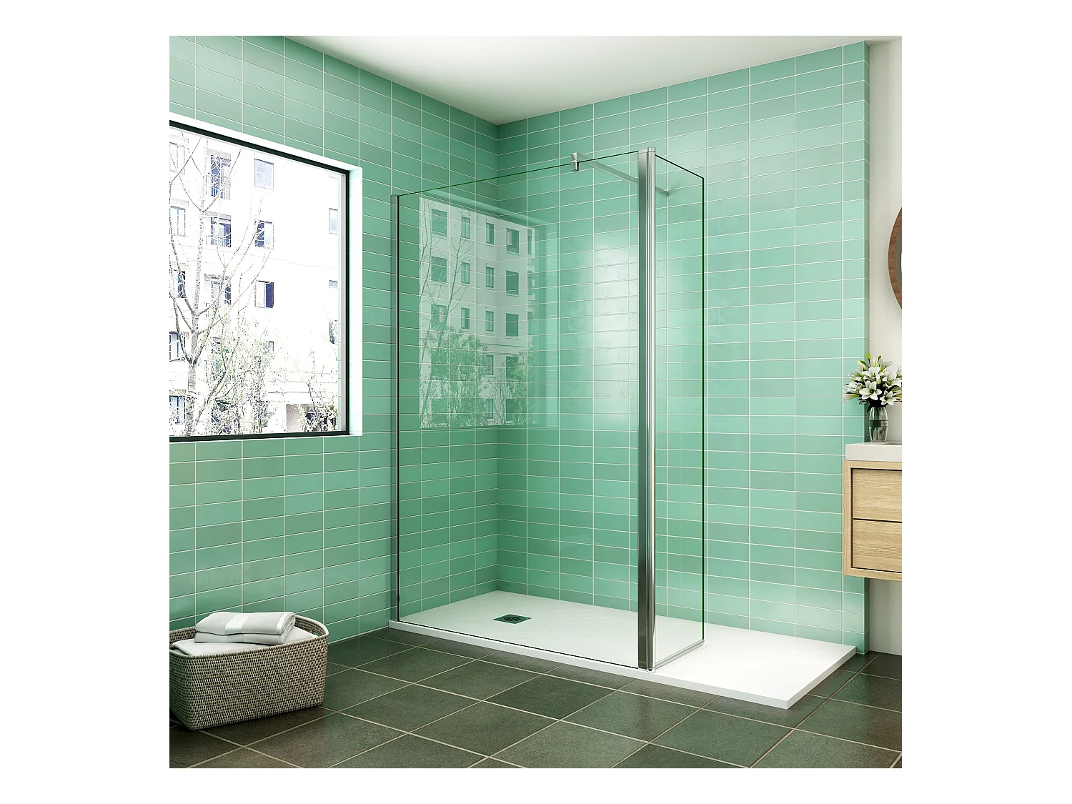 Paroi de douche à l'italienne 140x200cm avec retour pivotant 50x200cm - Verre securit - Avec barre de fixation carrée 90cm