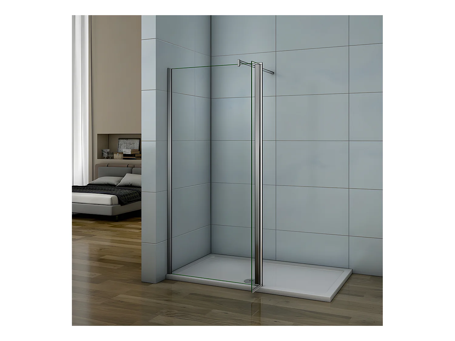 Paroi de douche à l'italienne 120+30x200cm avec retour pivotant - Verre 8mm trempé - Avec barre de fixation 70-120cm en cylindrique