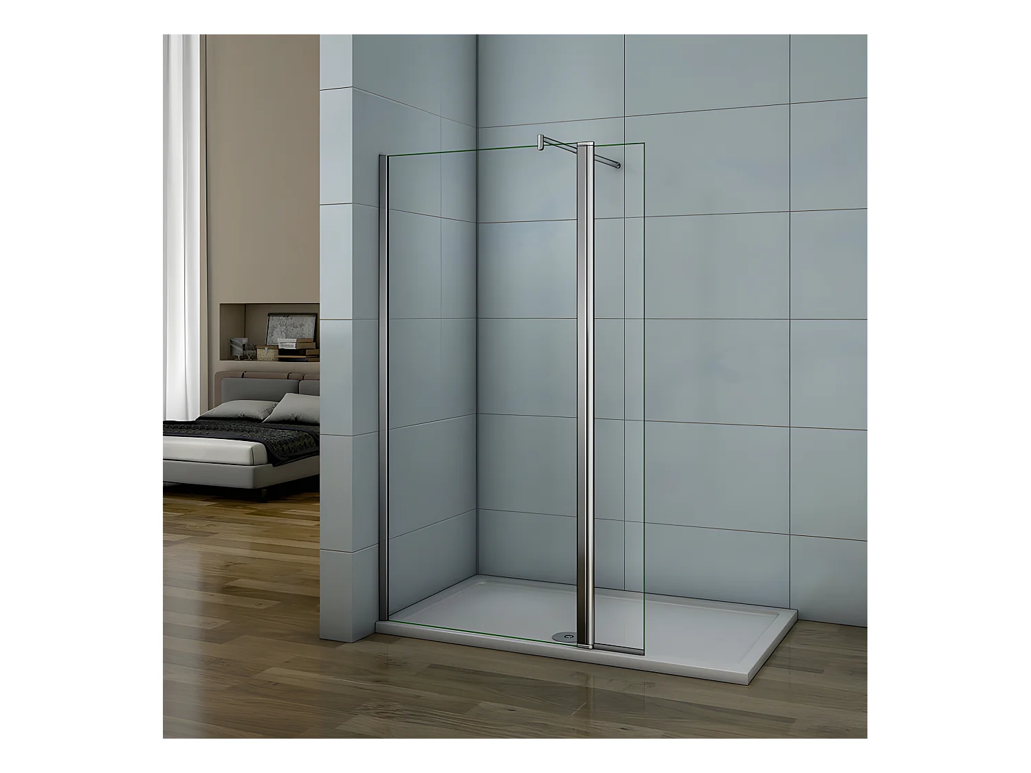 Paroi de douche à l'italienne 50+40x200cm avec retour pivotant - Verre 8mm trempé - Avec barre de fixation 70-120cm en cylindrique