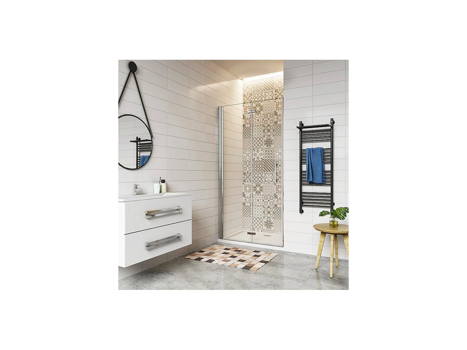 Porte de douche 90x185cm avec receveur de douche blanc 90x80x3cm, porte de douche pivotante et pliante en verre securit anticalcaire