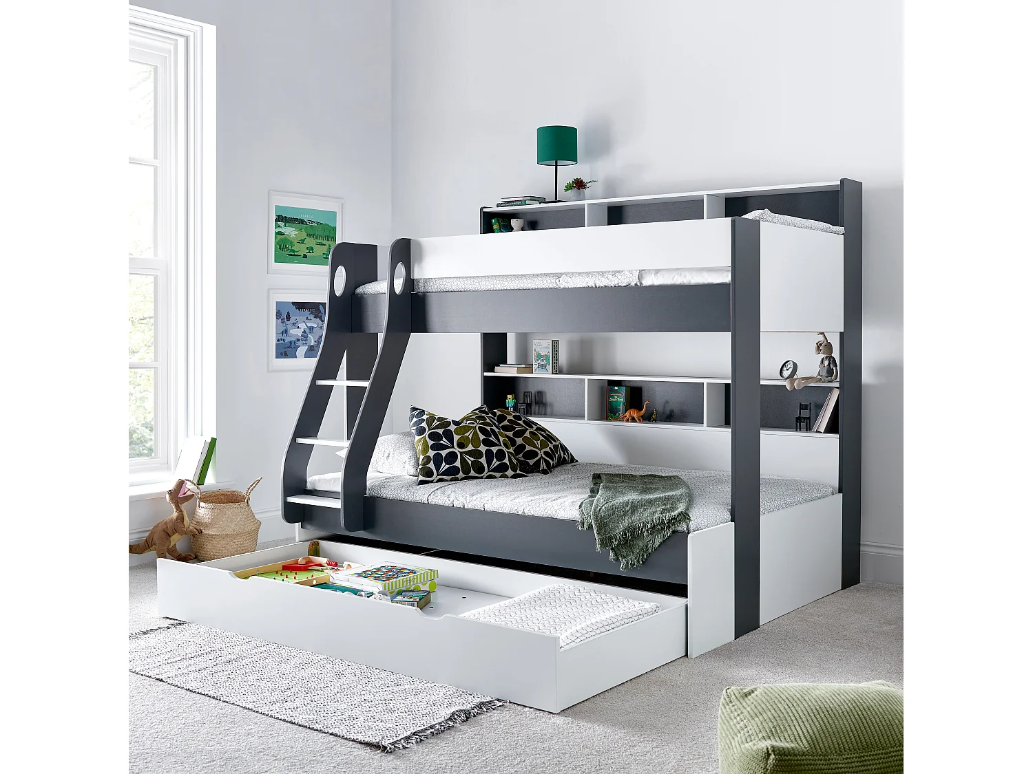 Oliver Grey and White Triple Sleeper Storage Bunk Bed With Drawer