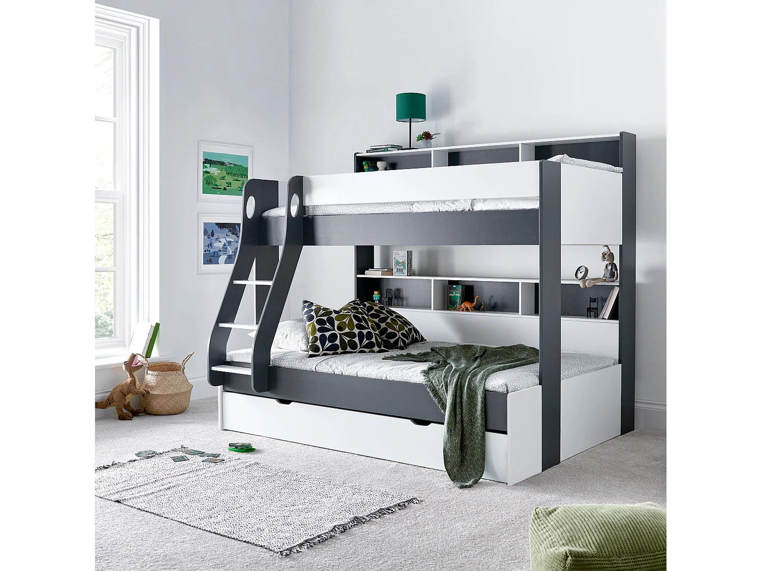 Oliver Grey and White Triple Sleeper Storage Bunk Bed With Drawer