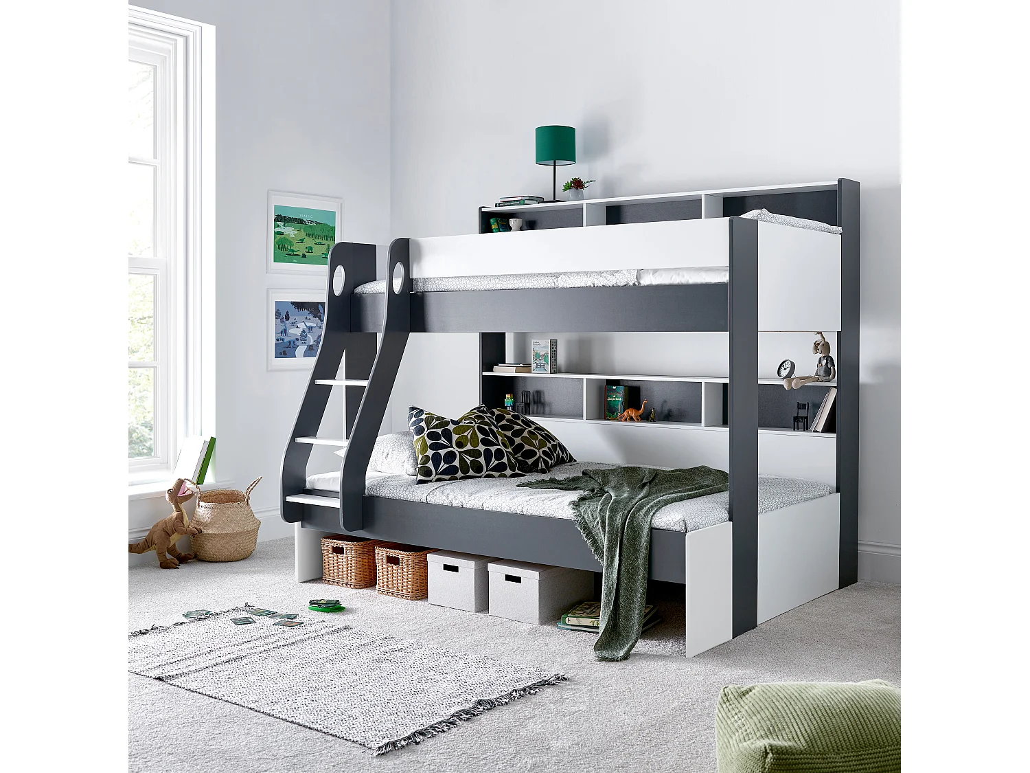 Oliver Grey and White Triple Sleeper Storage Bunk Bed With Drawer