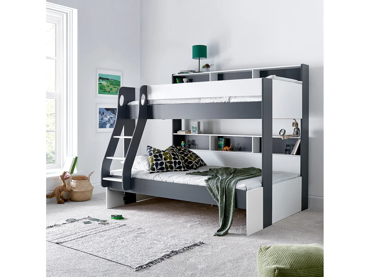 Oliver Grey and White Triple Sleeper Storage Bunk Bed With Drawer