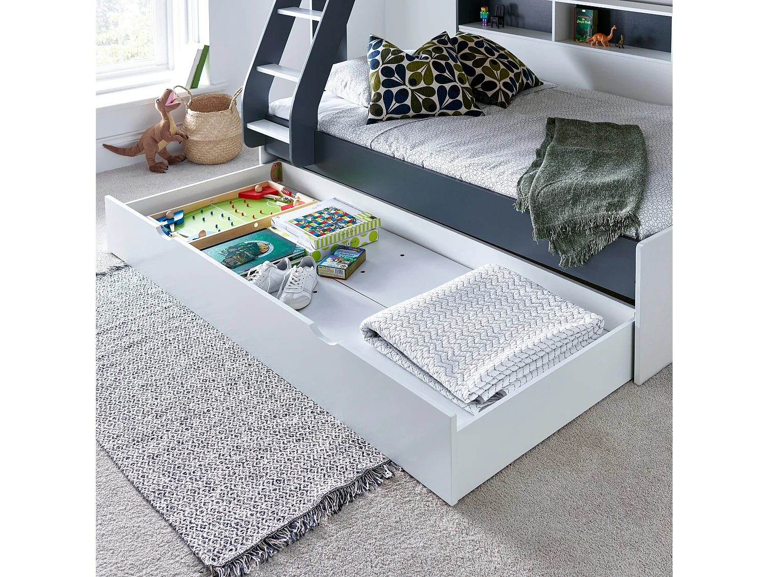 Oliver Grey and White Triple Sleeper Storage Bunk Bed With Drawer