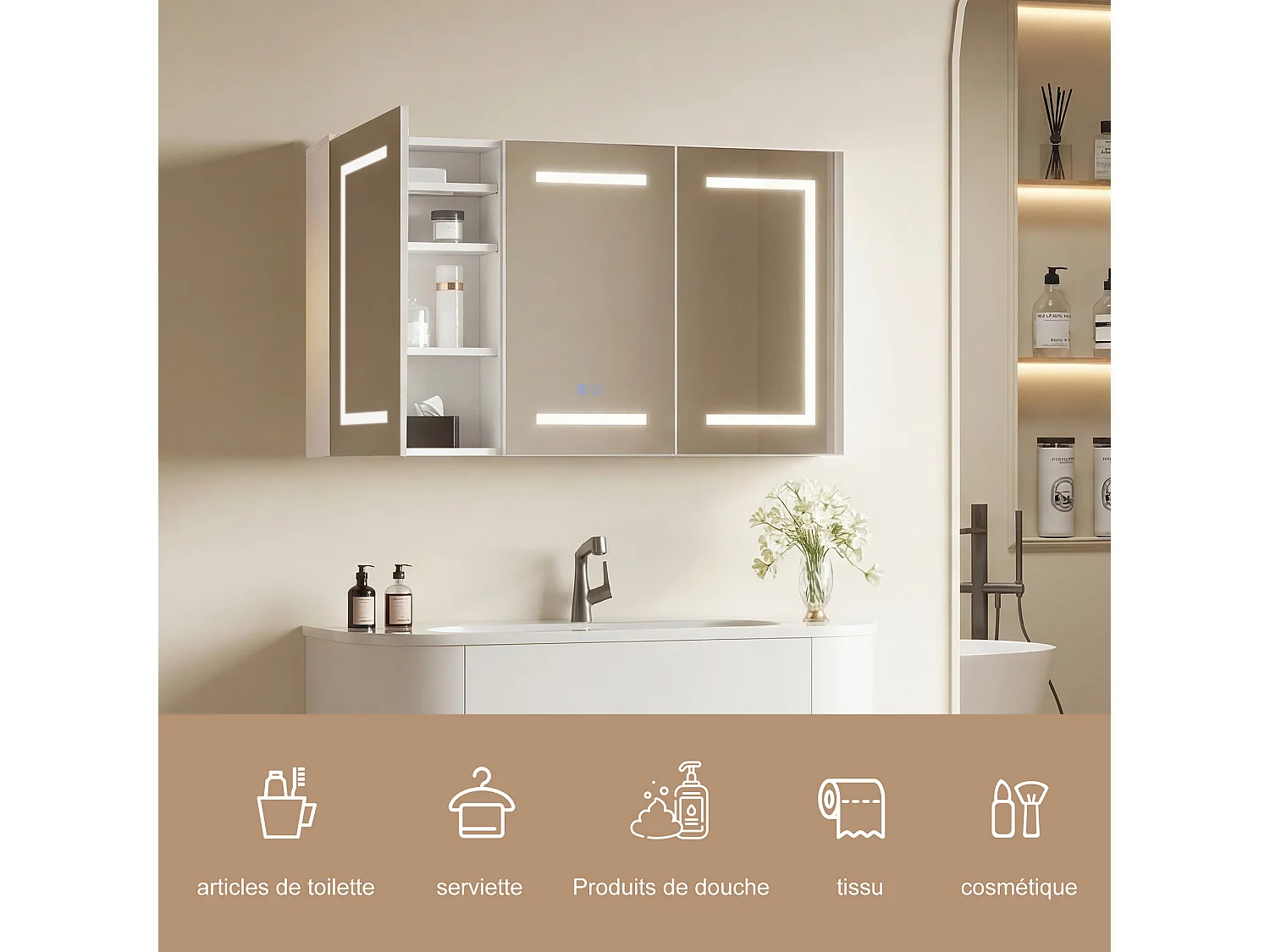 LED éclairage Salle de Bains Armoire à Pharmacie avec Miroir, Température de Couleur réGlable, Anti - Buée Gradateur, Prise et USB,Armoire Miroir,104x13.5x60