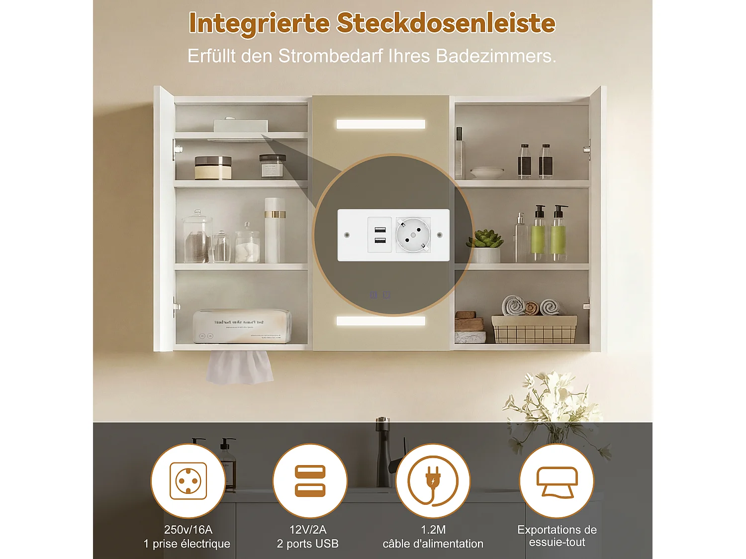 LED éclairage Salle de Bains Armoire à Pharmacie avec Miroir, Température de Couleur réGlable, Anti - Buée Gradateur, Prise et USB,Armoire Miroir,104x13.5x60