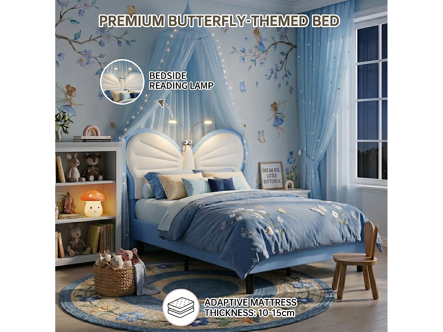 DreamMespace Lit Enfant 90x190 cm - Cadre de Lit Papillon Rembourré, Tête de Lit Réglable avec 2 Lampes de Lecture LED, Velours & PU Blanc et Bleu