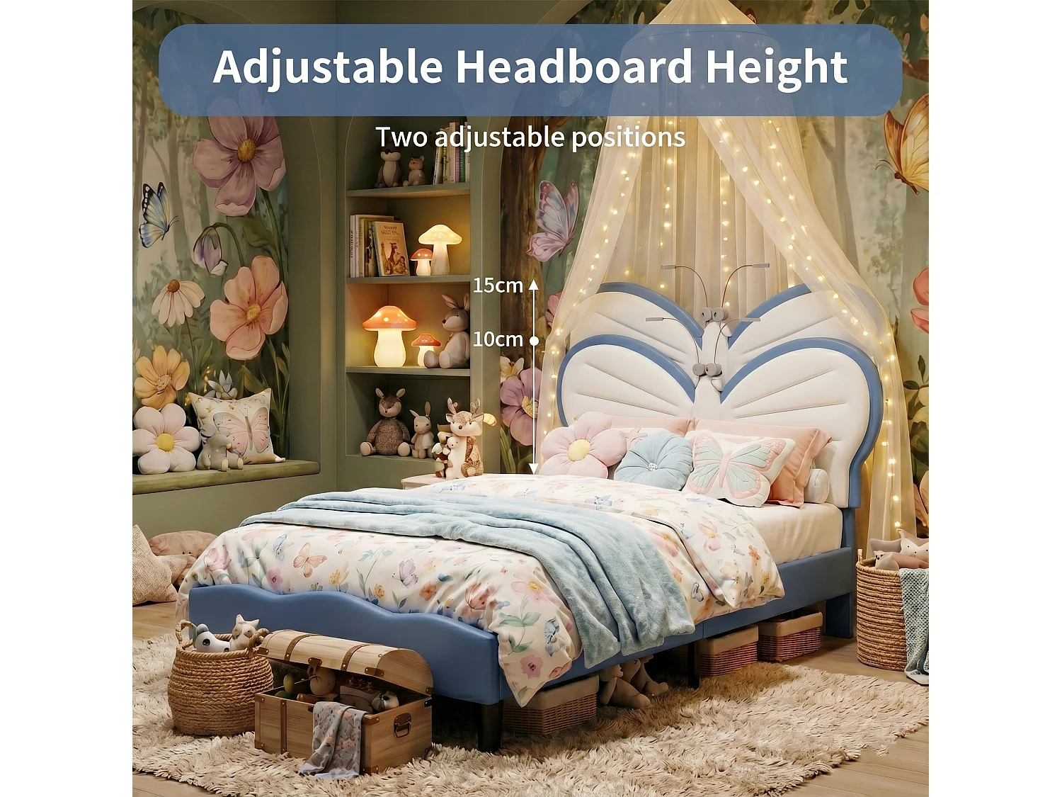 DreamMespace Lit Enfant 90x190 cm - Cadre de Lit Papillon Rembourré, Tête de Lit Réglable avec 2 Lampes de Lecture LED, Velours & PU Blanc et Bleu