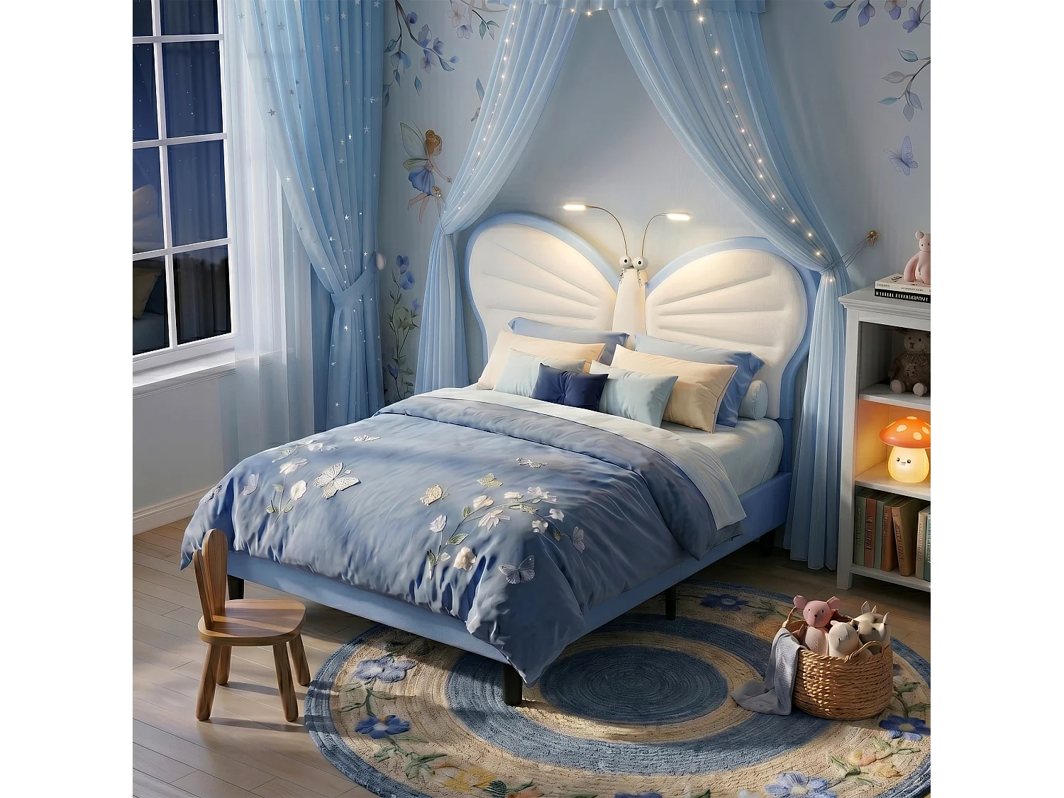 DreamMespace Lit Enfant 90x190 cm - Cadre de Lit Papillon Rembourré, Tête de Lit Réglable avec 2 Lampes de Lecture LED, Velours & PU Blanc et Bleu