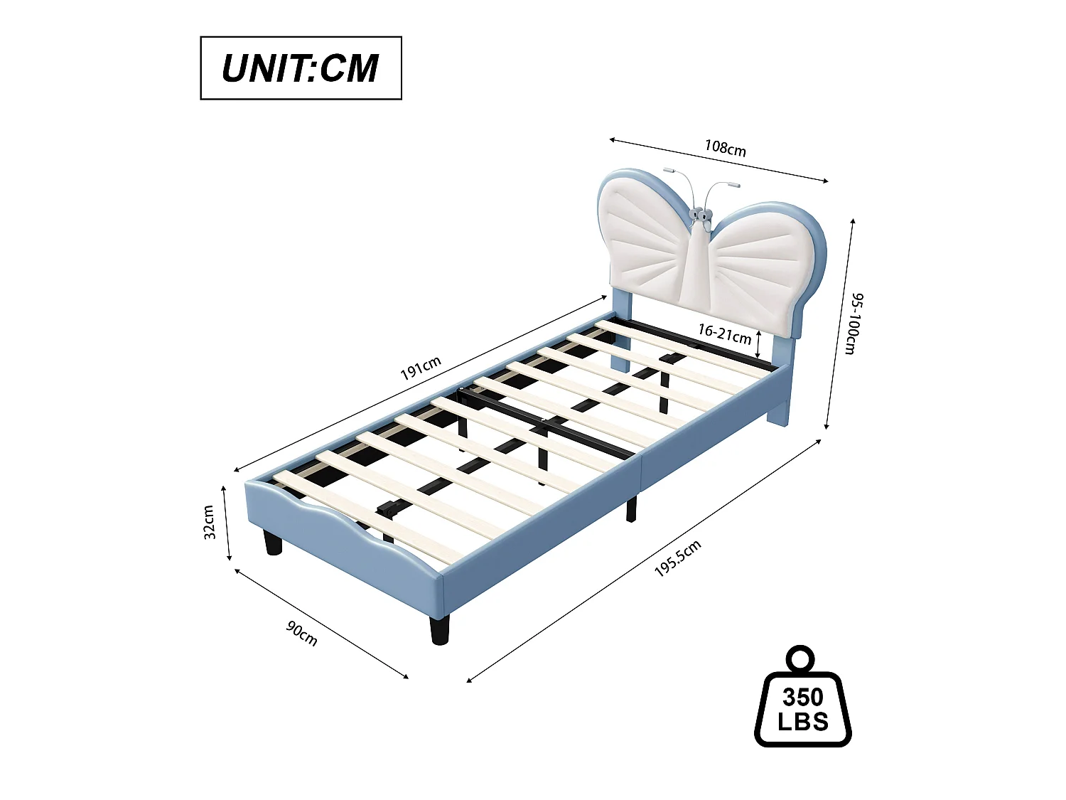 DreamMespace Lit Enfant 90x190 cm - Cadre de Lit Papillon Rembourré, Tête de Lit Réglable avec 2 Lampes de Lecture LED, Velours & PU Blanc et Bleu