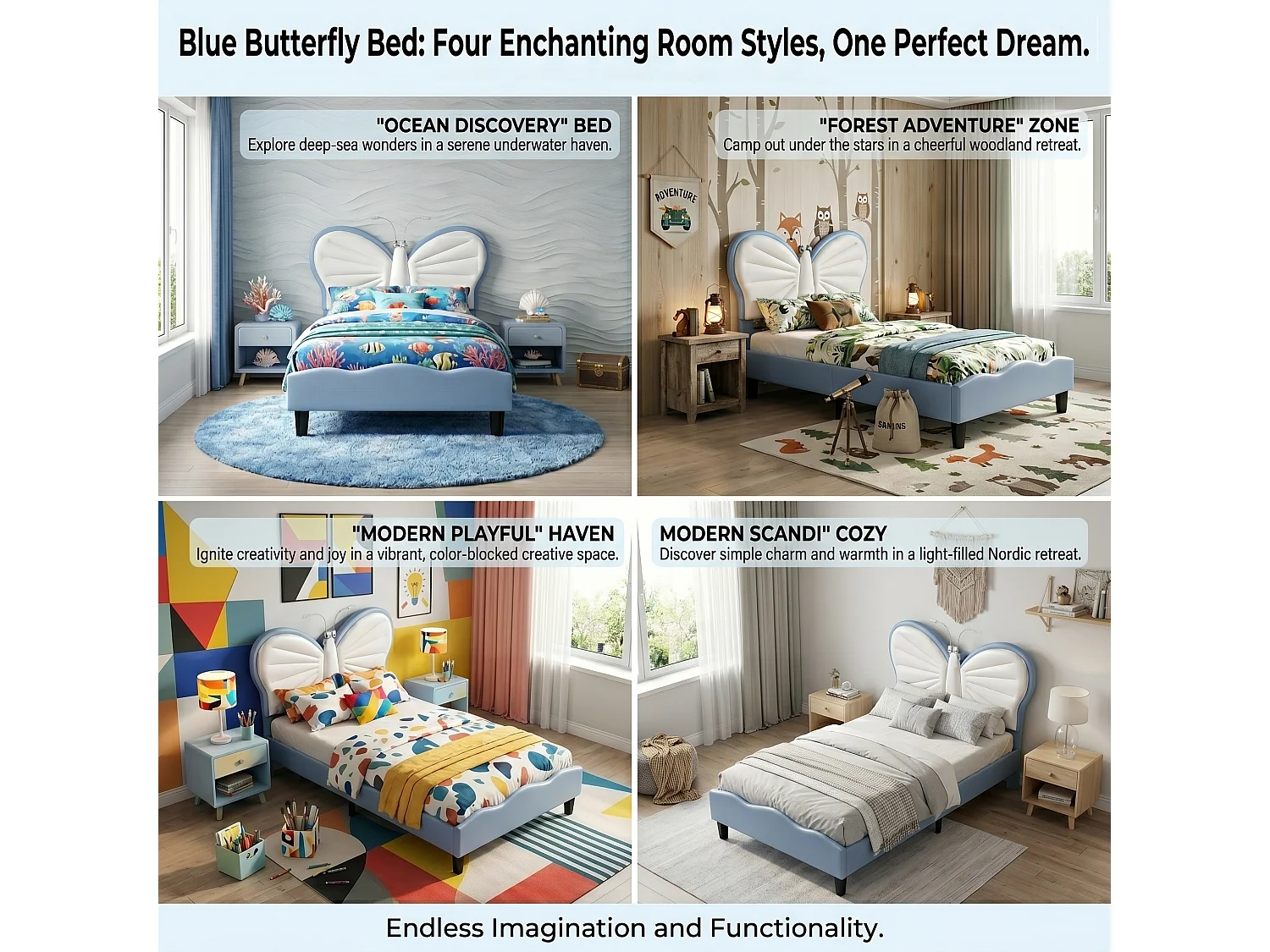 DreamMespace Lit Enfant 90x190 cm - Cadre de Lit Papillon Rembourré, Tête de Lit Réglable avec 2 Lampes de Lecture LED, Velours & PU Blanc et Bleu