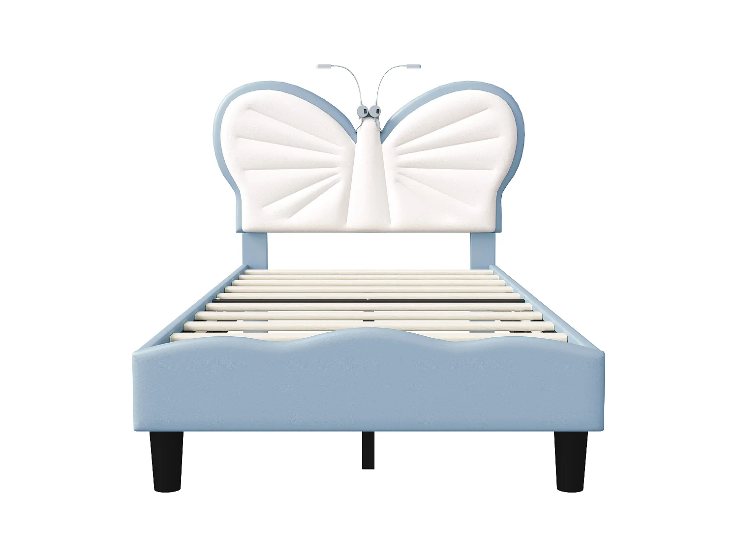 DreamMespace Lit Enfant 90x190 cm - Cadre de Lit Papillon Rembourré, Tête de Lit Réglable avec 2 Lampes de Lecture LED, Velours & PU Blanc et Bleu