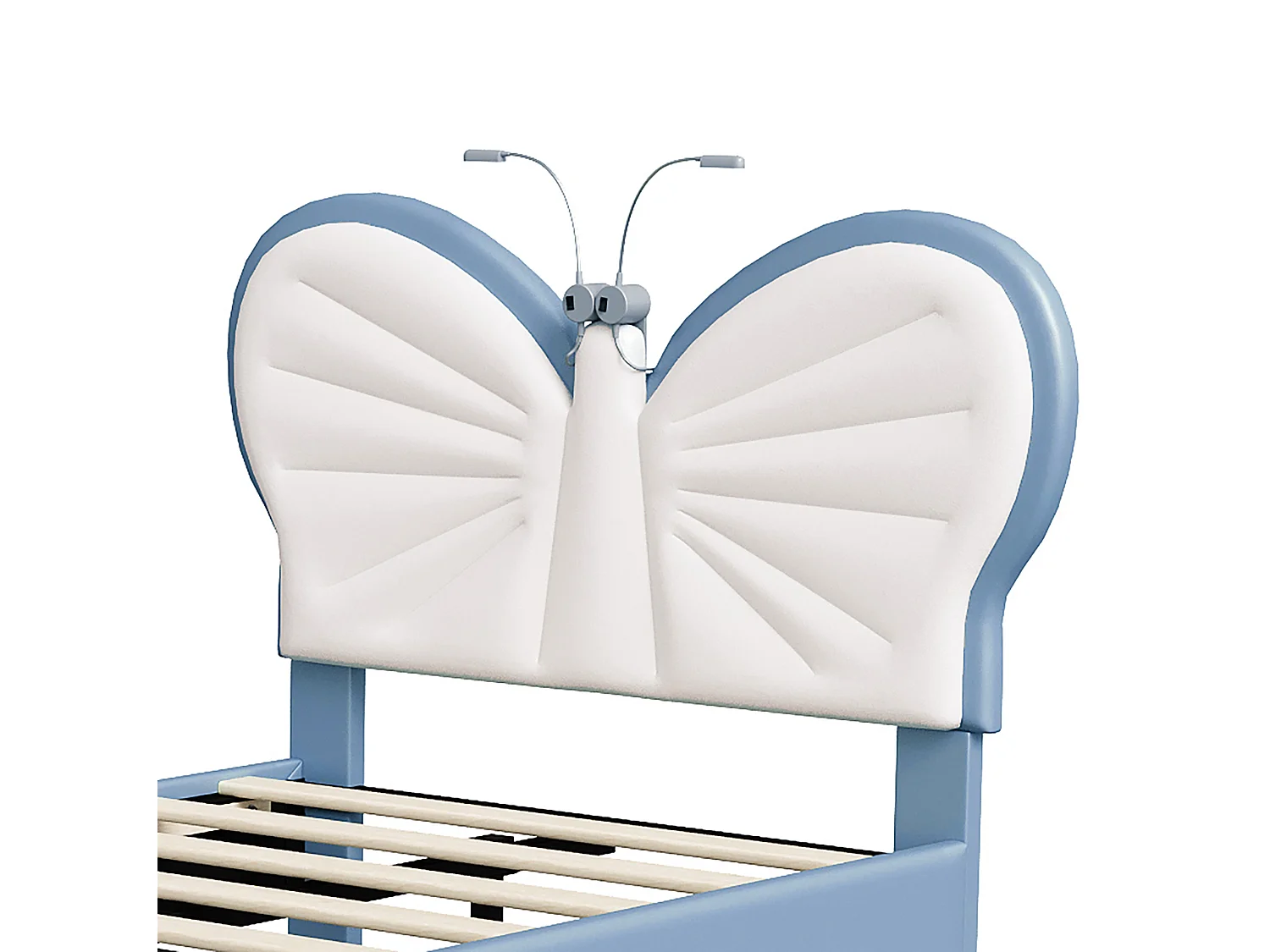 DreamMespace Lit Enfant 90x190 cm - Cadre de Lit Papillon Rembourré, Tête de Lit Réglable avec 2 Lampes de Lecture LED, Velours & PU Blanc et Bleu