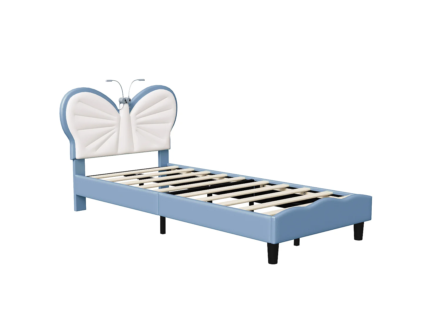 DreamMespace Lit Enfant 90x190 cm - Cadre de Lit Papillon Rembourré, Tête de Lit Réglable avec 2 Lampes de Lecture LED, Velours & PU Blanc et Bleu