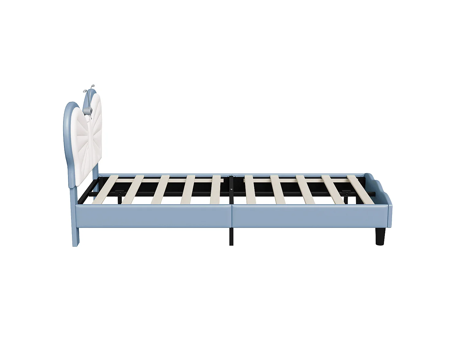 DreamMespace Lit Enfant 90x190 cm - Cadre de Lit Papillon Rembourré, Tête de Lit Réglable avec 2 Lampes de Lecture LED, Velours & PU Blanc et Bleu