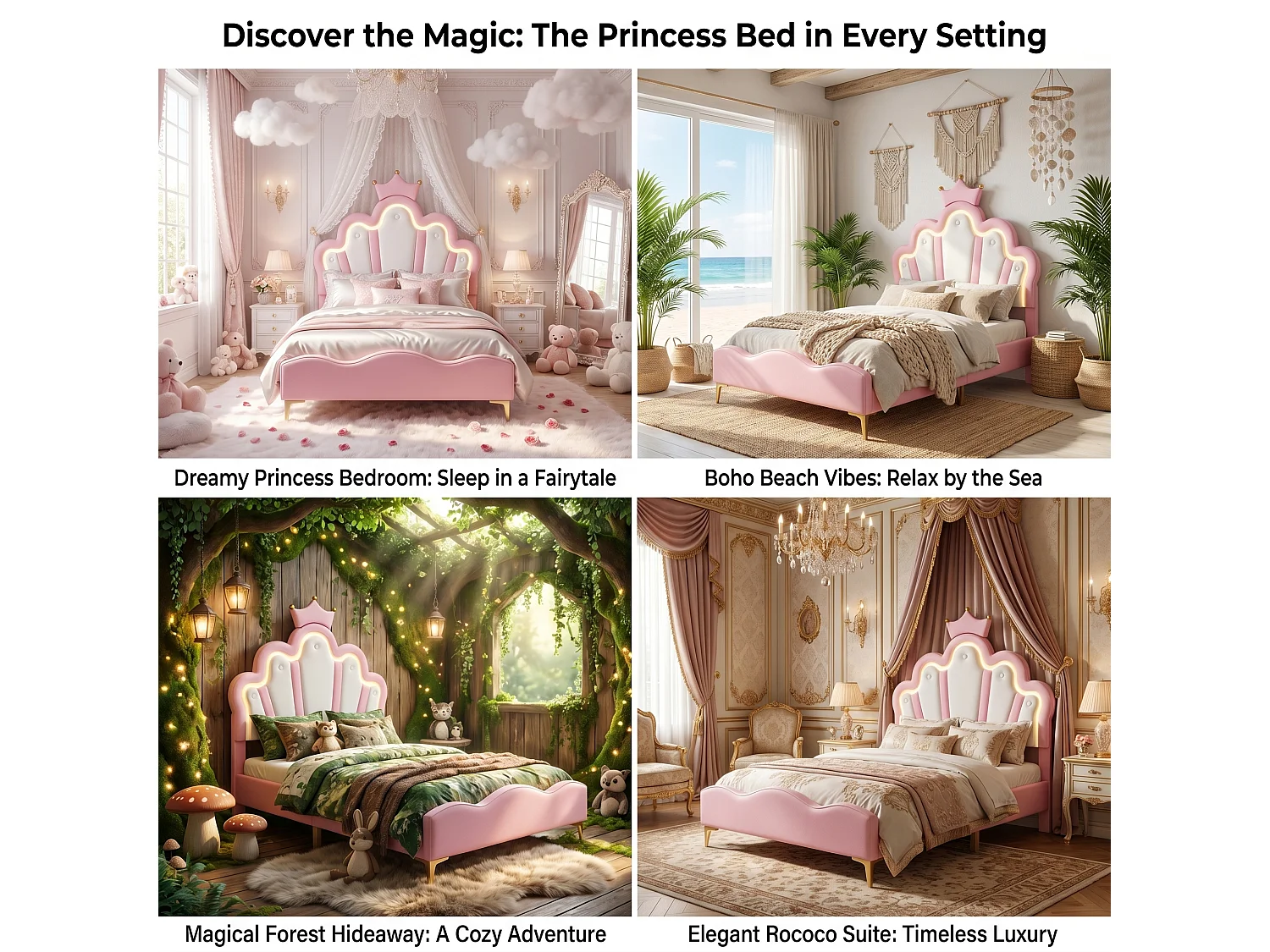DreamMespace Lit Couronne Princesse 90x190 cm - Meuble de Rangement Rembourré avec Double Bande LED et Tête de Lit Réglable, Simili Cuir Rose