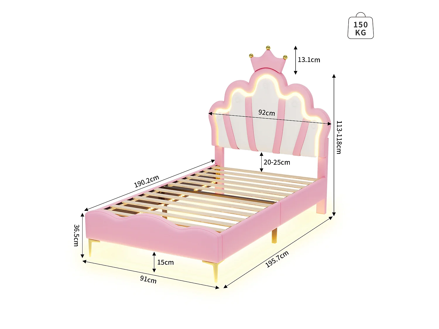 DreamMespace Lit Couronne Princesse 90x190 cm - Meuble de Rangement Rembourré avec Double Bande LED et Tête de Lit Réglable, Simili Cuir Rose