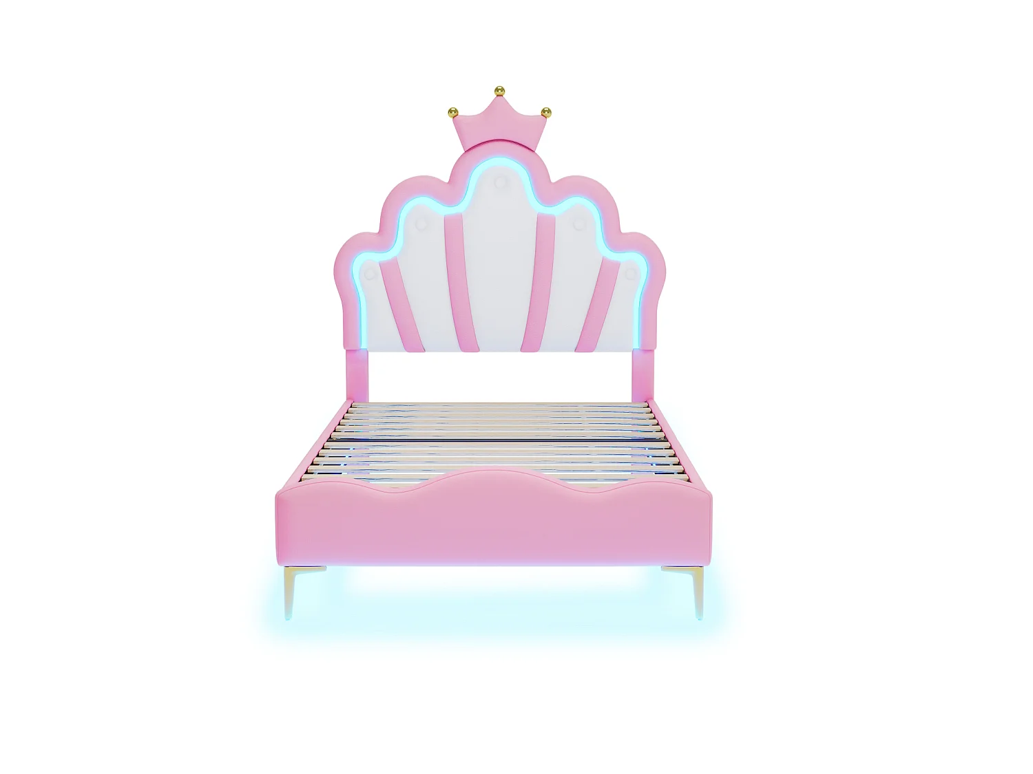 DreamMespace Lit Couronne Princesse 90x190 cm - Meuble de Rangement Rembourré avec Double Bande LED et Tête de Lit Réglable, Simili Cuir Rose