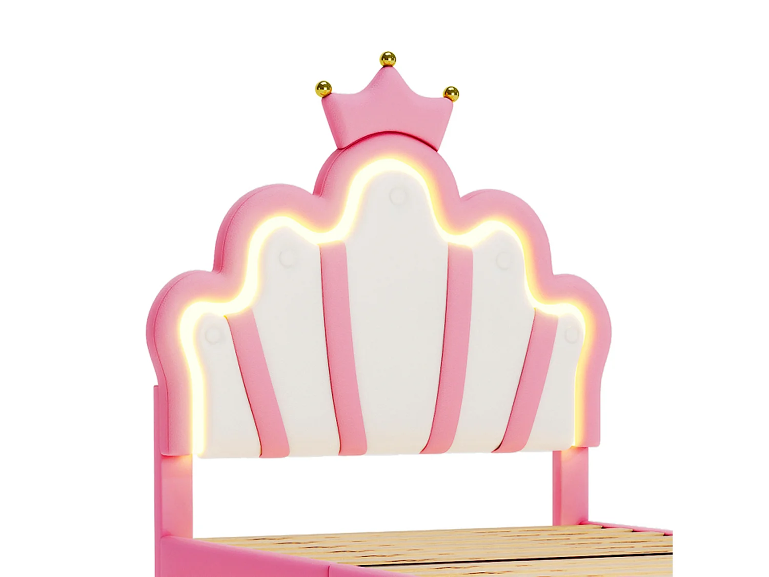 DreamMespace Lit Couronne Princesse 90x190 cm - Meuble de Rangement Rembourré avec Double Bande LED et Tête de Lit Réglable, Simili Cuir Rose