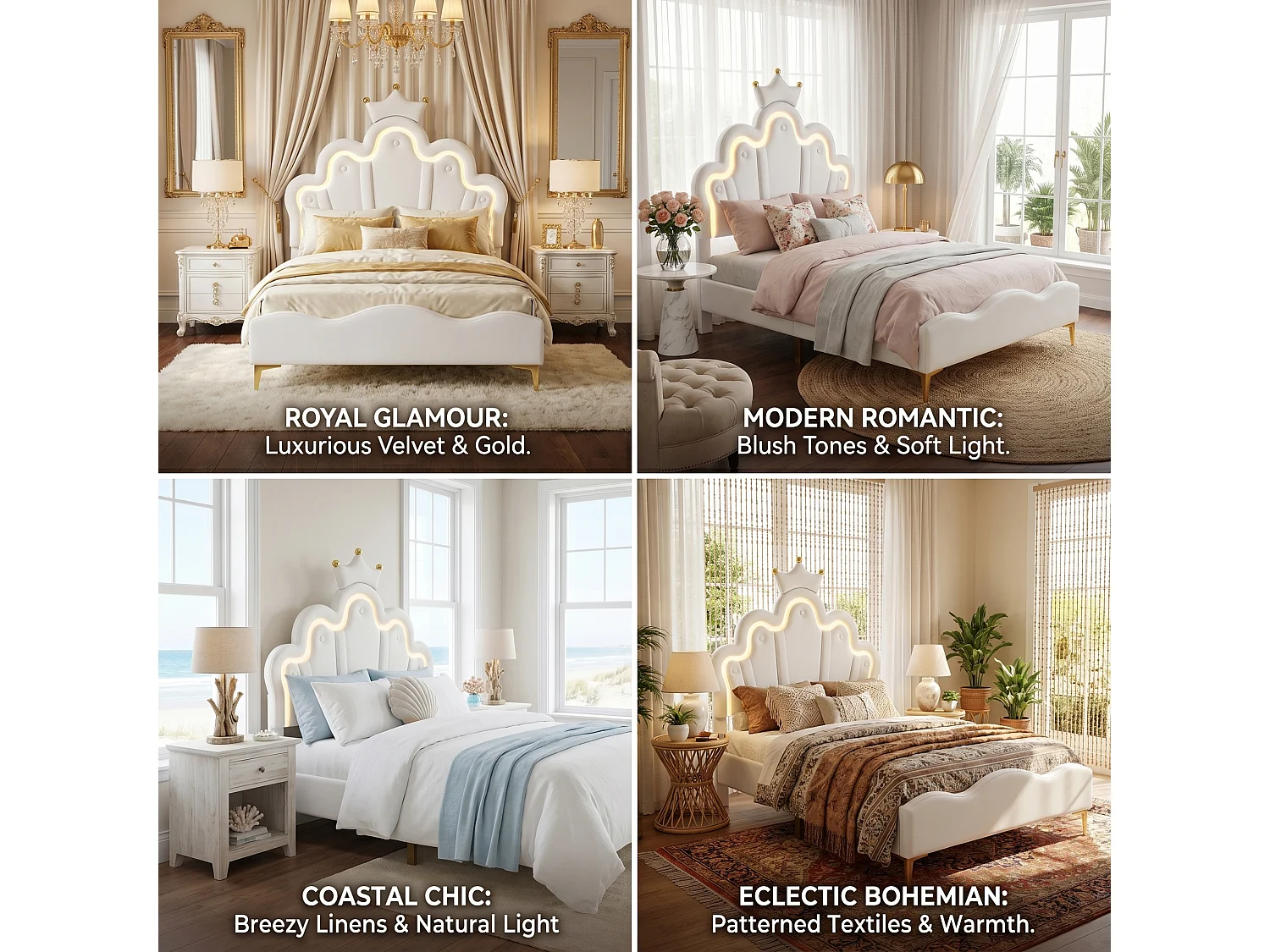 DreamMespace Lit Couronne Princesse 90x200 cm - Meuble de Rangement Rembourré avec Double Bande LED et Tête de Lit Réglable, Simili Cuir Blanc