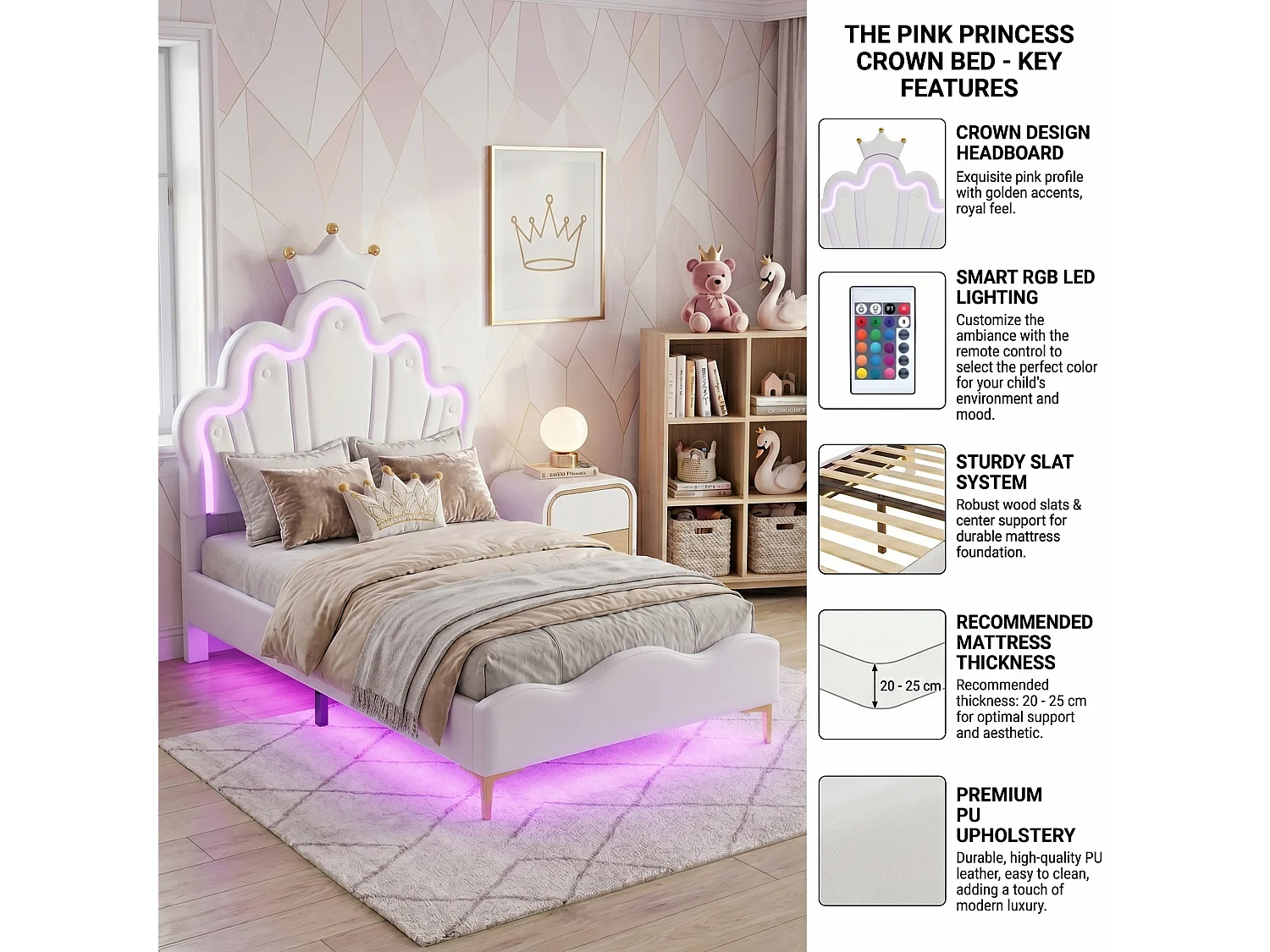 DreamMespace Lit Couronne Princesse 90x200 cm - Meuble de Rangement Rembourré avec Double Bande LED et Tête de Lit Réglable, Simili Cuir Blanc