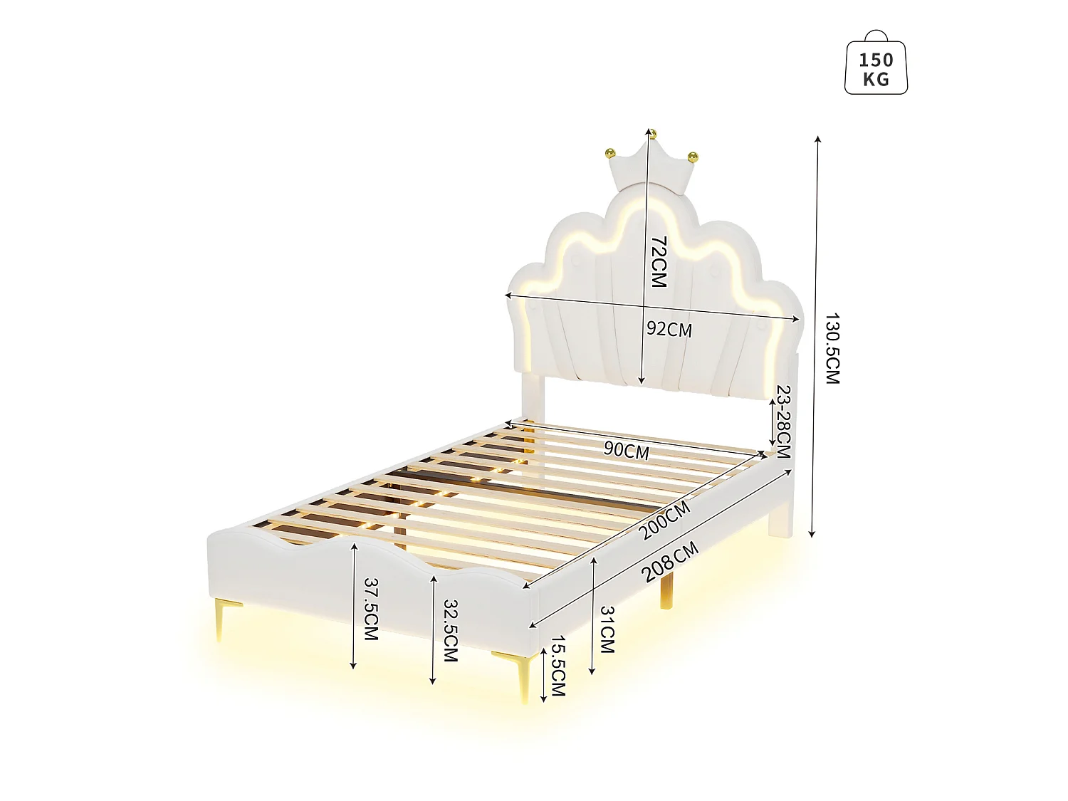 DreamMespace Lit Couronne Princesse 90x200 cm - Meuble de Rangement Rembourré avec Double Bande LED et Tête de Lit Réglable, Simili Cuir Blanc