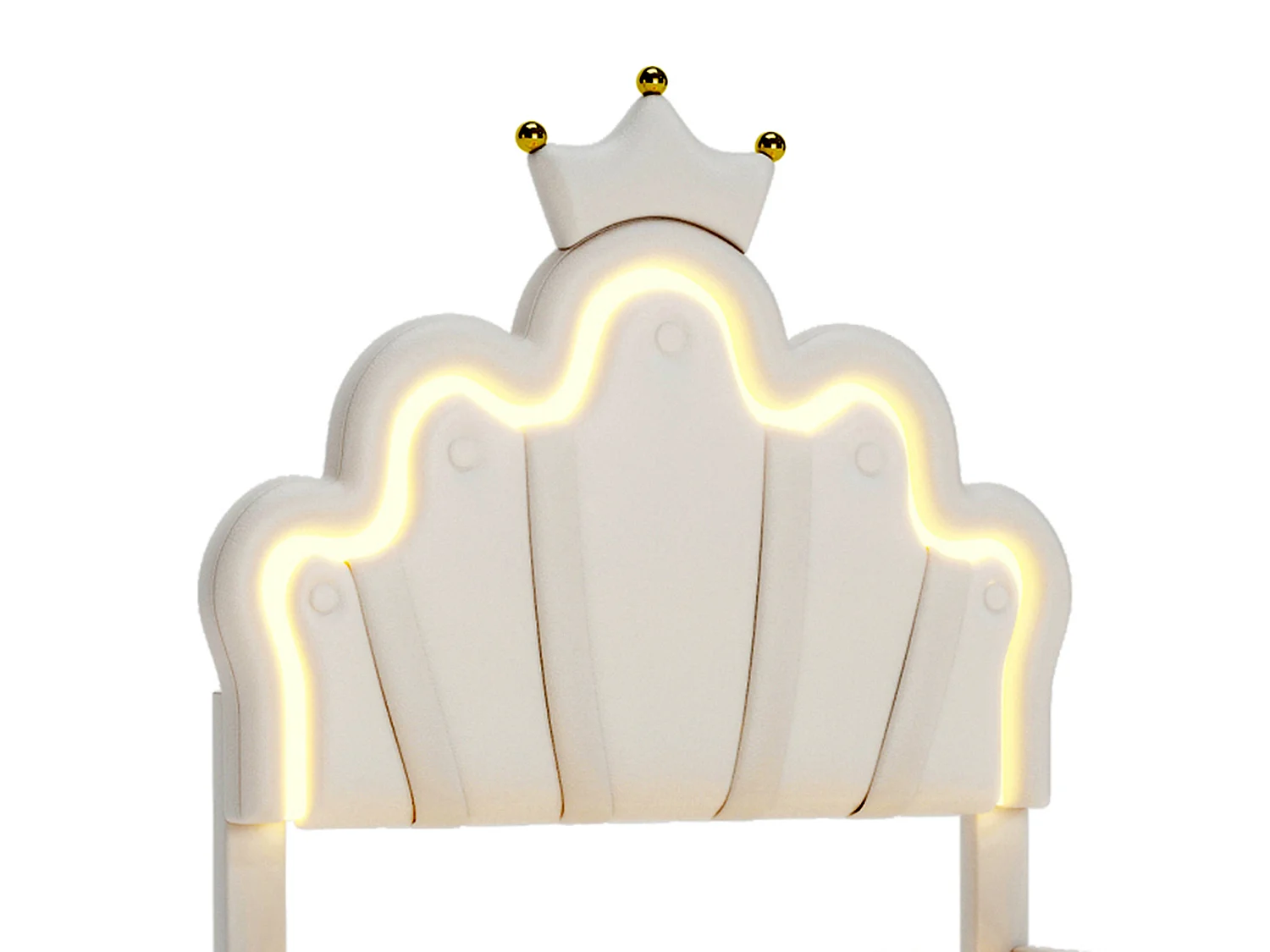 DreamMespace Lit Couronne Princesse 90x200 cm - Meuble de Rangement Rembourré avec Double Bande LED et Tête de Lit Réglable, Simili Cuir Blanc
