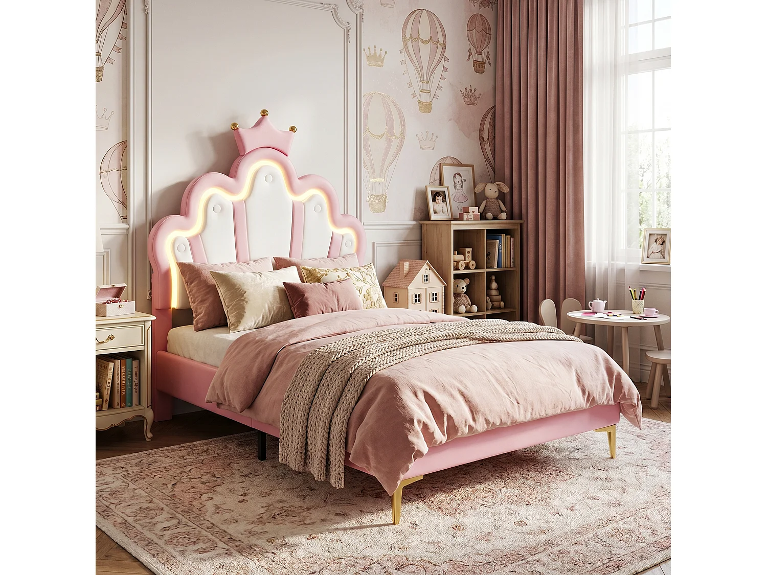 DreamMespace Lit Couronne Princesse 90x200 cm - Meuble de Rangement Rembourré avec Double Bande LED et Tête de Lit Réglable, Simili Cuir Rose