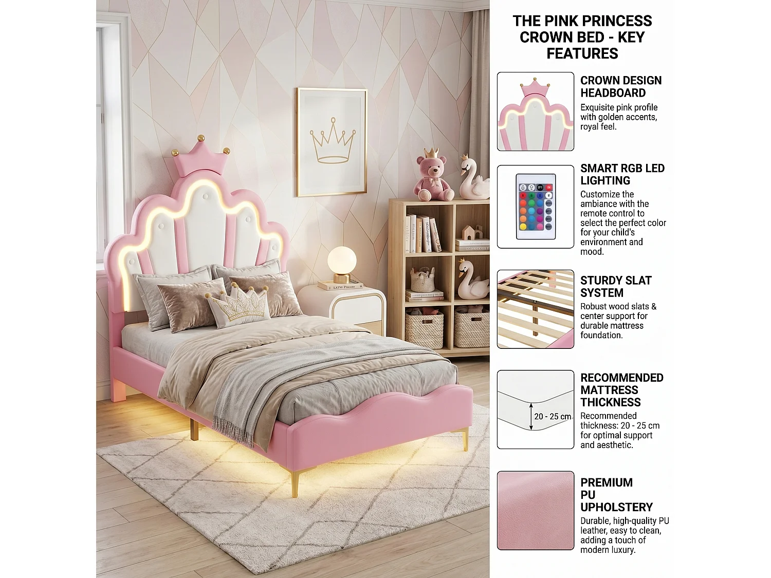 DreamMespace Lit Couronne Princesse 90x200 cm - Meuble de Rangement Rembourré avec Double Bande LED et Tête de Lit Réglable, Simili Cuir Rose