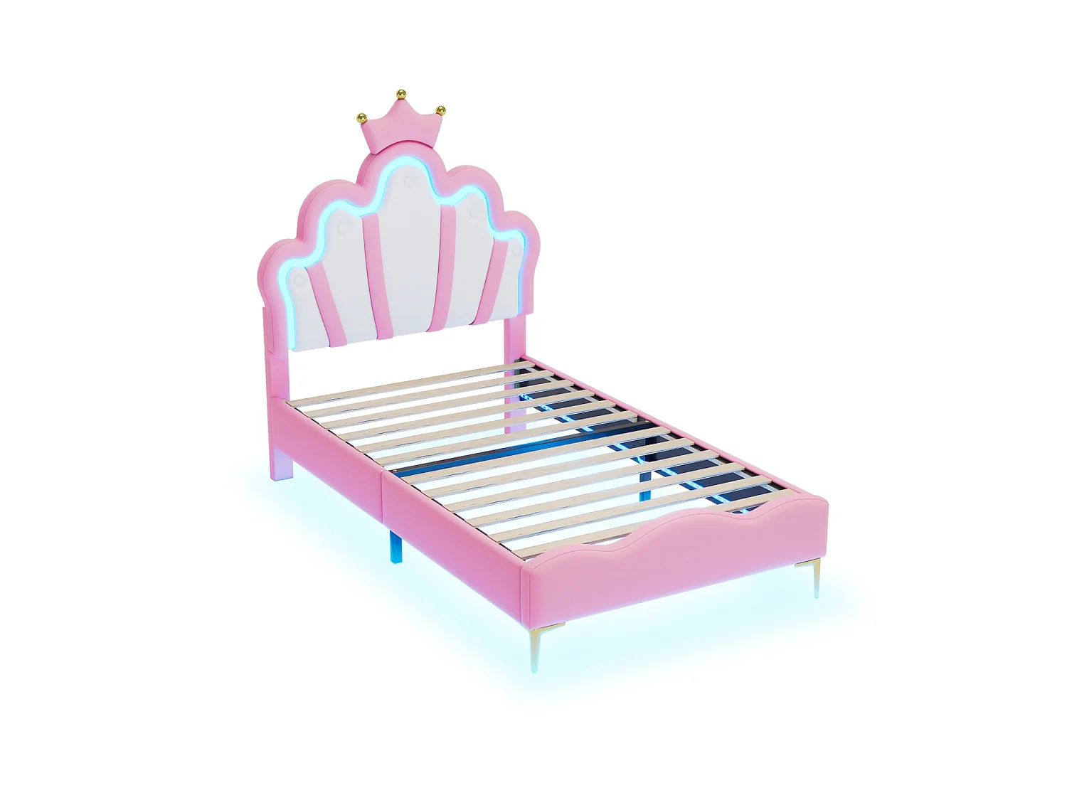 DreamMespace Lit Couronne Princesse 90x200 cm - Meuble de Rangement Rembourré avec Double Bande LED et Tête de Lit Réglable, Simili Cuir Rose