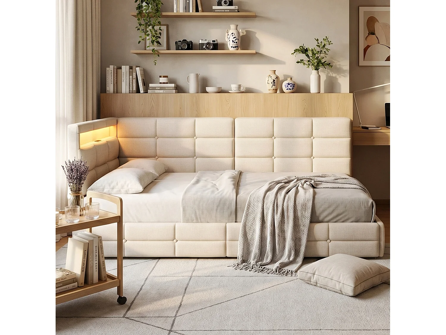 DreamMespace Lit Banquette 90x200 cm - Lit Coffre L-Forme avec 2 Tiroirs, Montage Gauche/Droite Réversible, LED RGB & Chargeur USB AC, Tissu Lin Beige