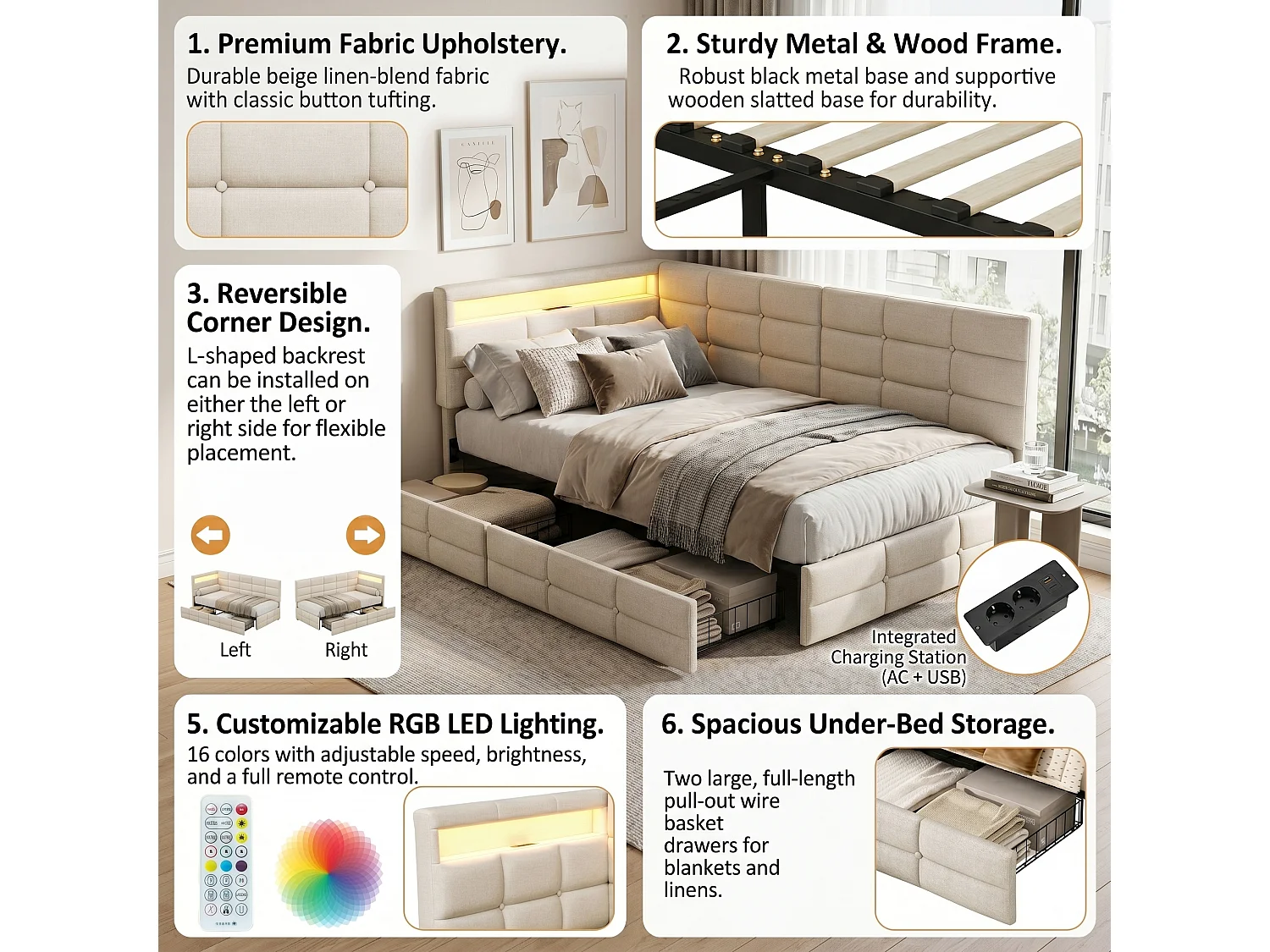 DreamMespace Lit Banquette 90x200 cm - Lit Coffre L-Forme avec 2 Tiroirs, Montage Gauche/Droite Réversible, LED RGB & Chargeur USB AC, Tissu Lin Beige
