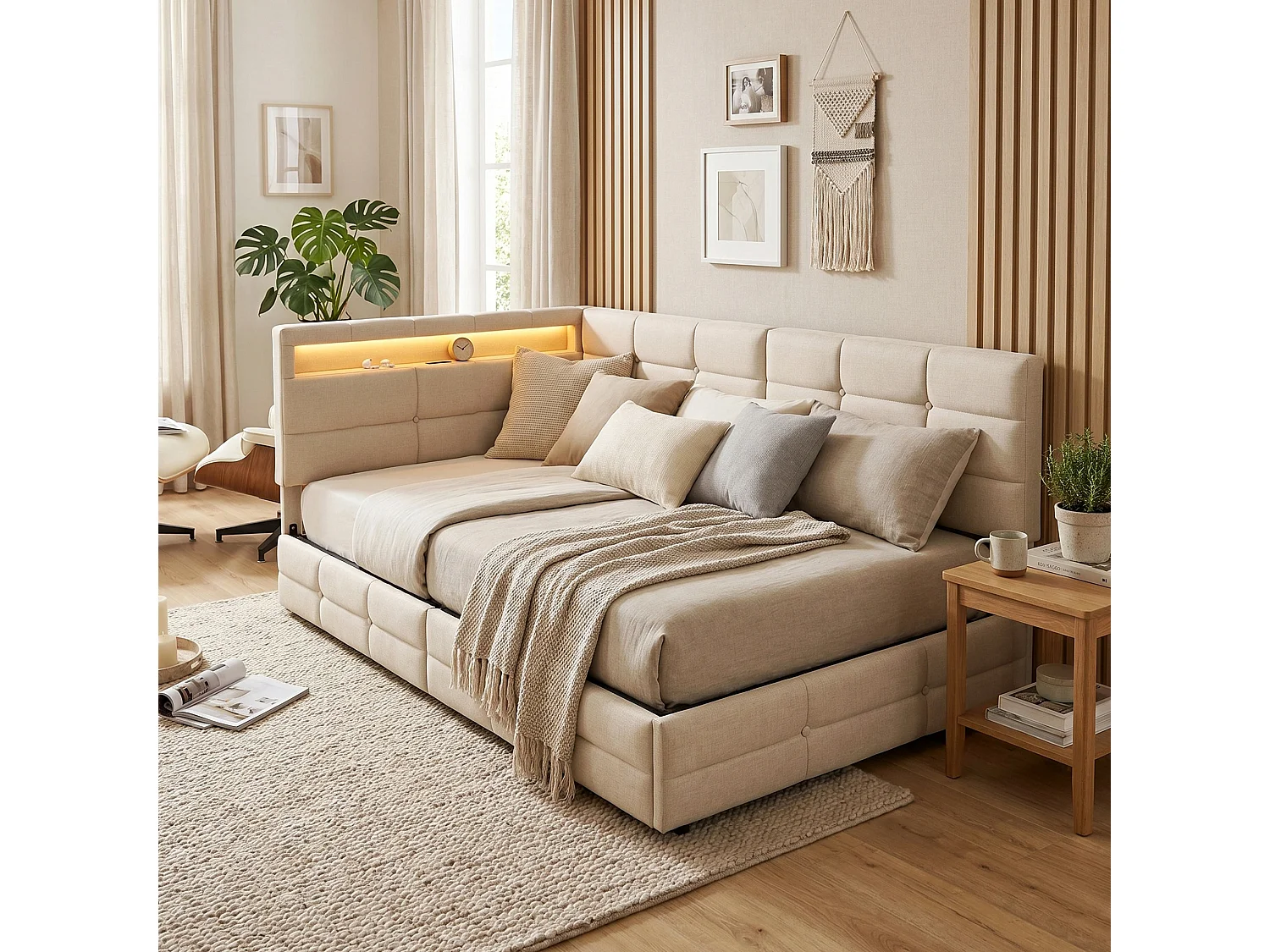 DreamMespace Lit Banquette 90x200 cm - Lit Coffre L-Forme avec 2 Tiroirs, Montage Gauche/Droite Réversible, LED RGB & Chargeur USB AC, Tissu Lin Beige