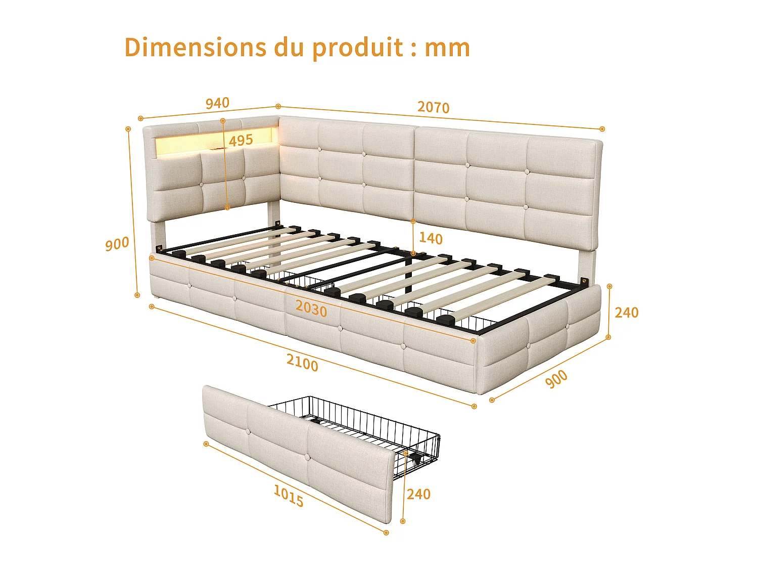 DreamMespace Lit Banquette 90x200 cm - Lit Coffre L-Forme avec 2 Tiroirs, Montage Gauche/Droite Réversible, LED RGB & Chargeur USB AC, Tissu Lin Beige