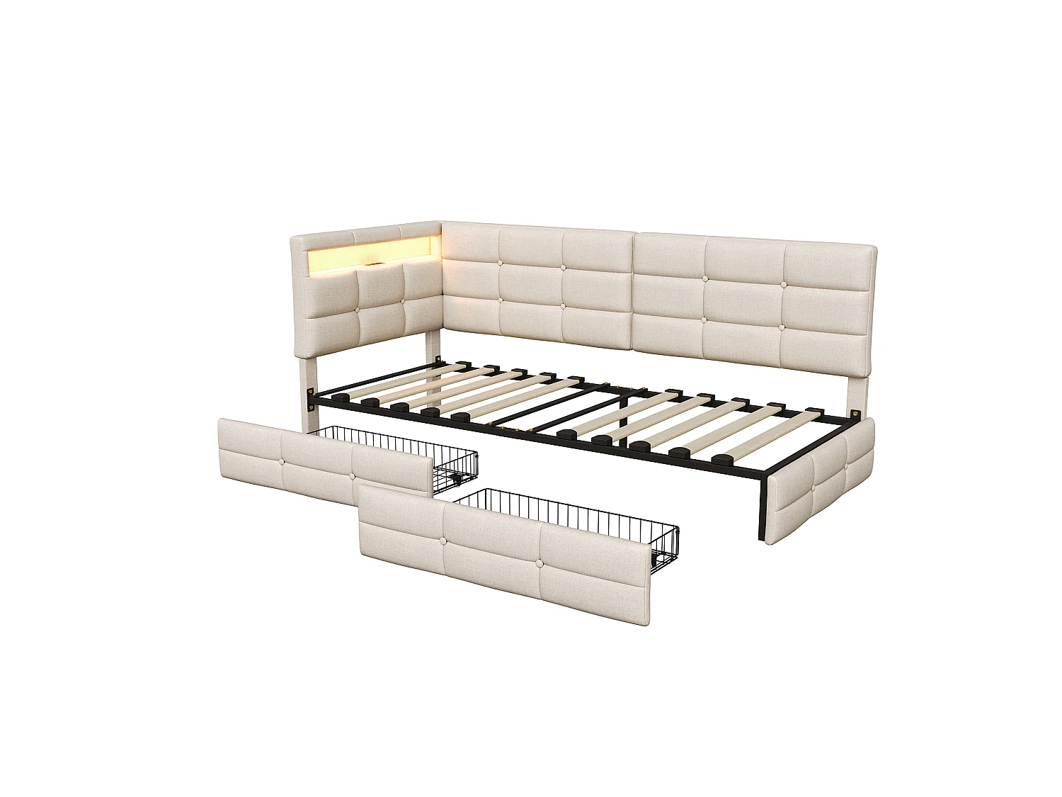 DreamMespace Lit Banquette 90x200 cm - Lit Coffre L-Forme avec 2 Tiroirs, Montage Gauche/Droite Réversible, LED RGB & Chargeur USB AC, Tissu Lin Beige