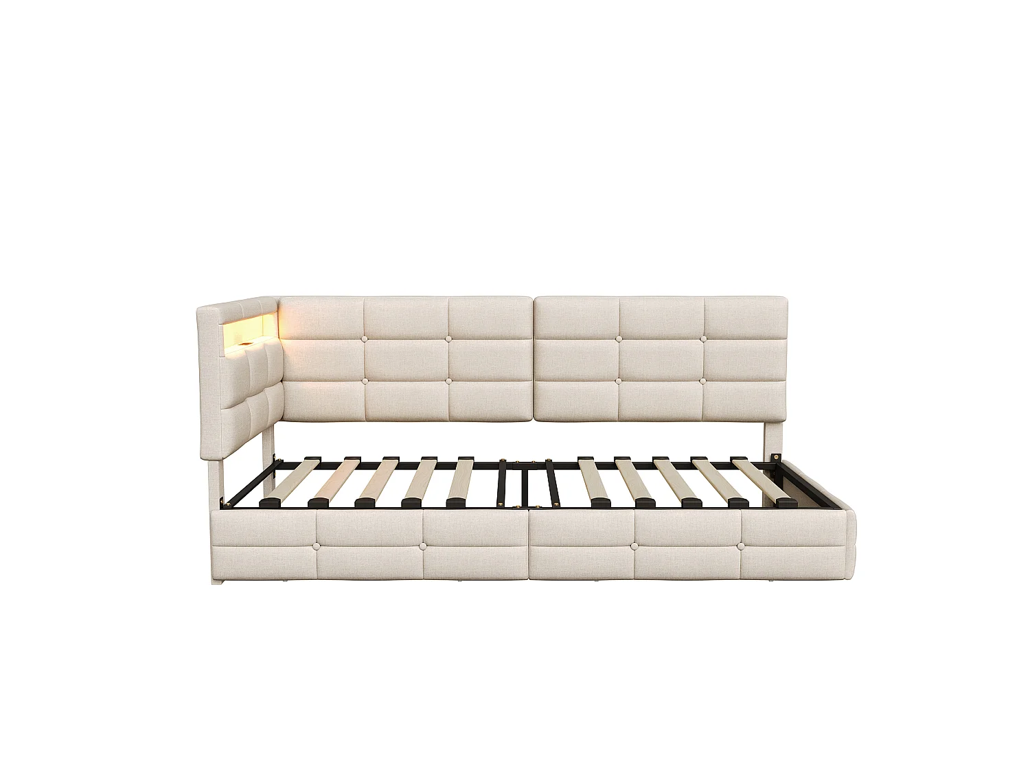 DreamMespace Lit Banquette 90x200 cm - Lit Coffre L-Forme avec 2 Tiroirs, Montage Gauche/Droite Réversible, LED RGB & Chargeur USB AC, Tissu Lin Beige