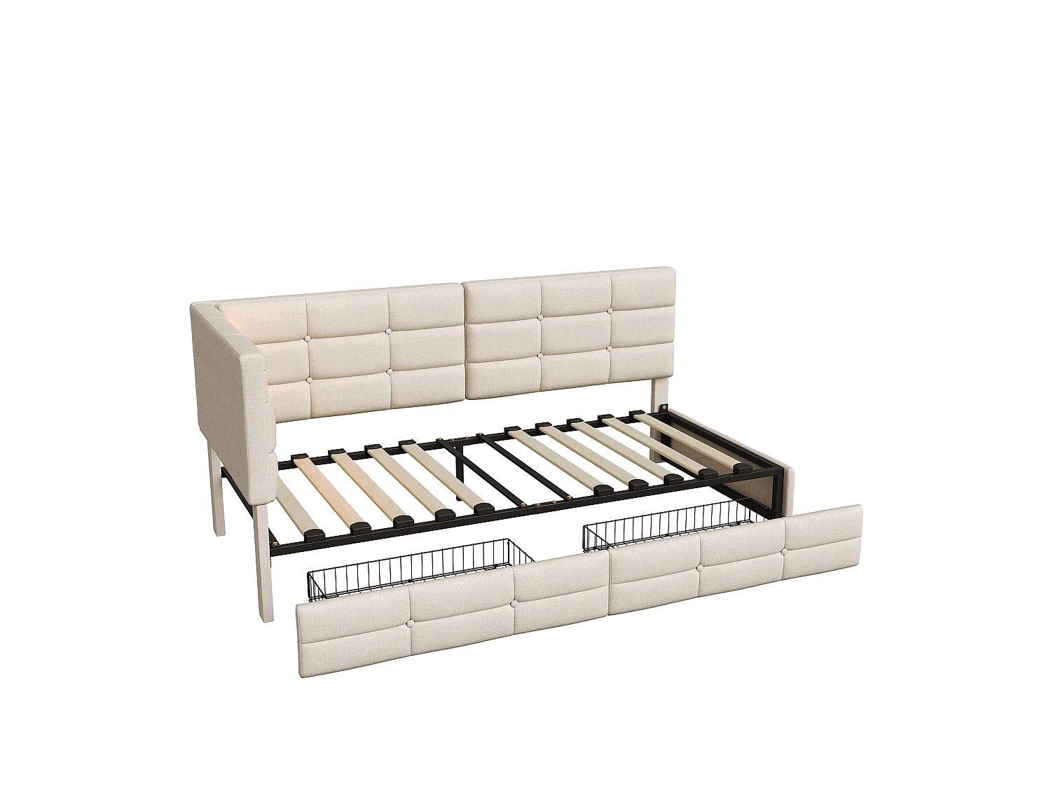 DreamMespace Lit Banquette 90x200 cm - Lit Coffre L-Forme avec 2 Tiroirs, Montage Gauche/Droite Réversible, LED RGB & Chargeur USB AC, Tissu Lin Beige