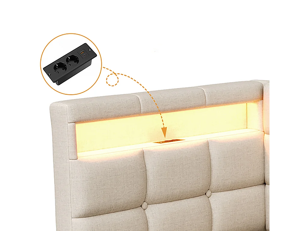 DreamMespace Lit Banquette 90x200 cm - Lit Coffre L-Forme avec 2 Tiroirs, Montage Gauche/Droite Réversible, LED RGB & Chargeur USB AC, Tissu Lin Beige