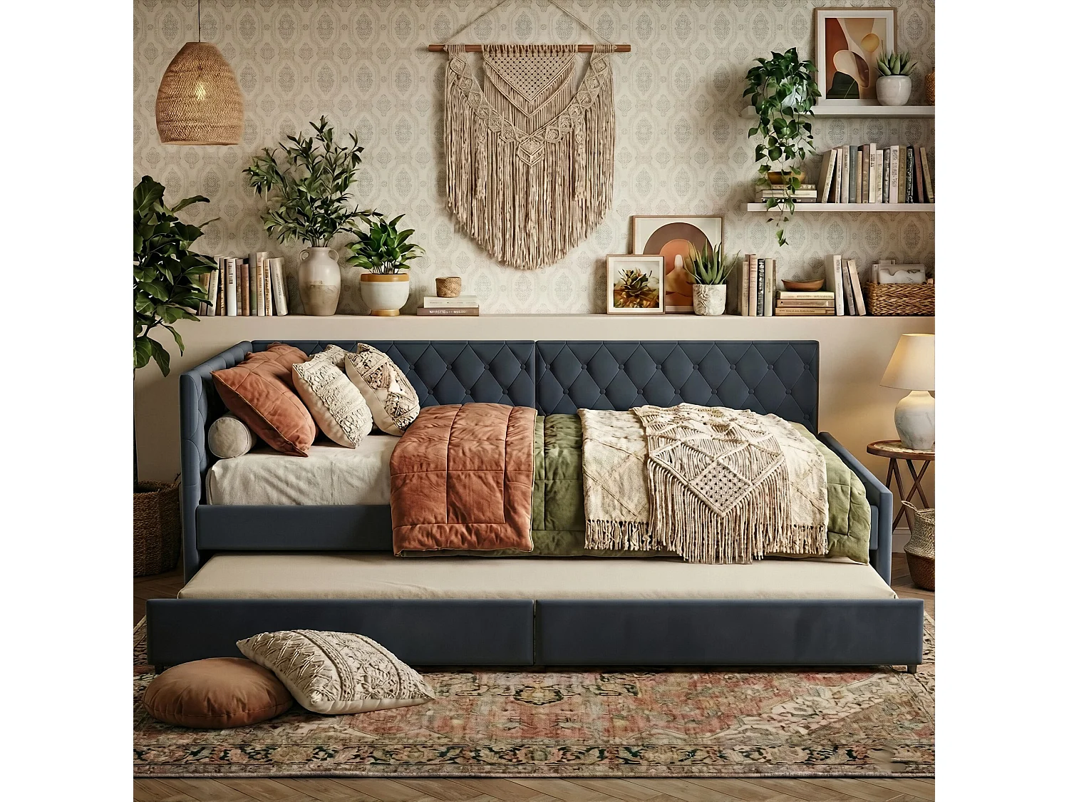 DreamMespace Canapé Lit Gigogne 90x200 cm - Lit d'Appoint en L avec Tête de Lit Capitonnée, Velours Gris